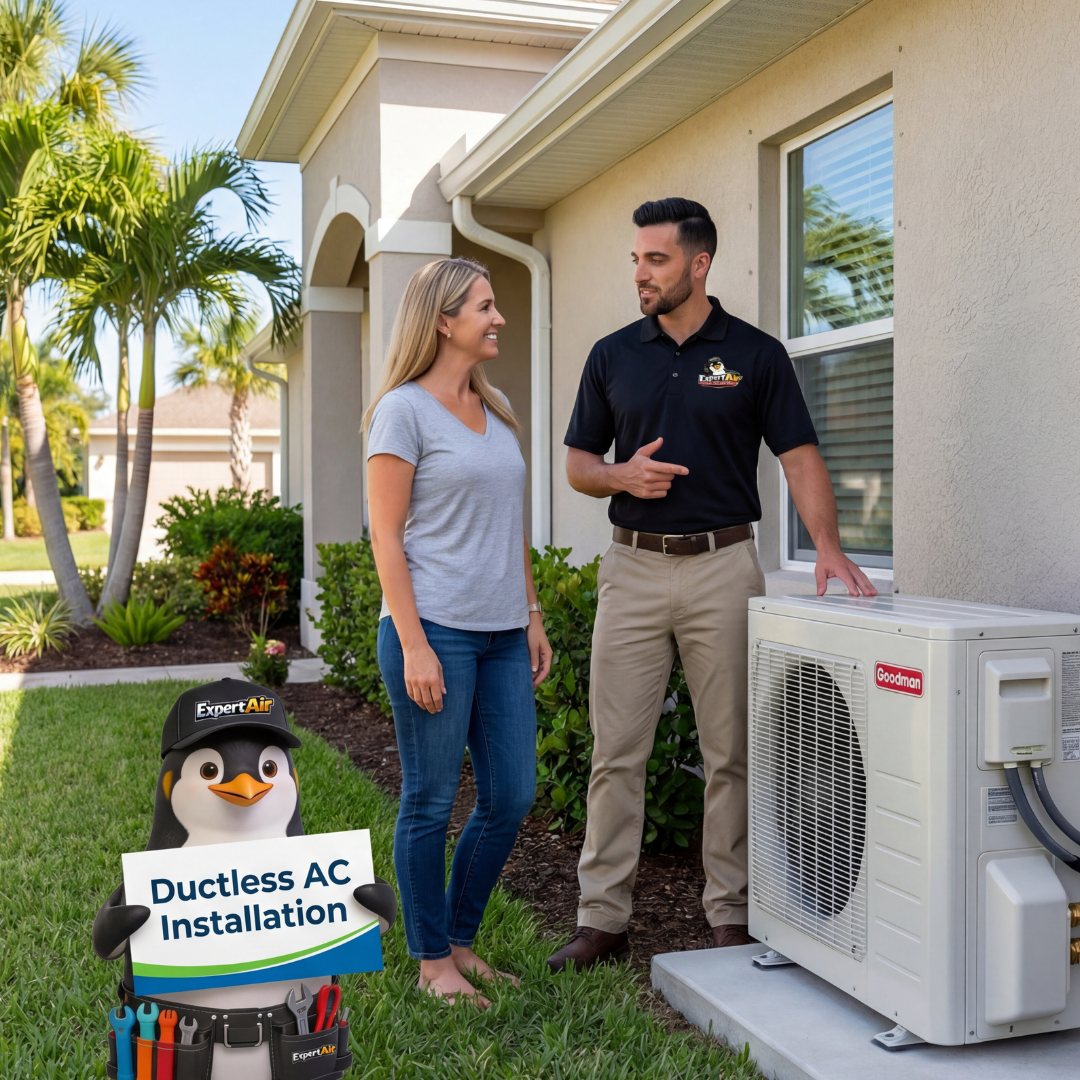 Expert Air Cooling & Heating technician discussing ductless air conditioning installation options with a homeowner at a Florida residence in Port St. Lucie.