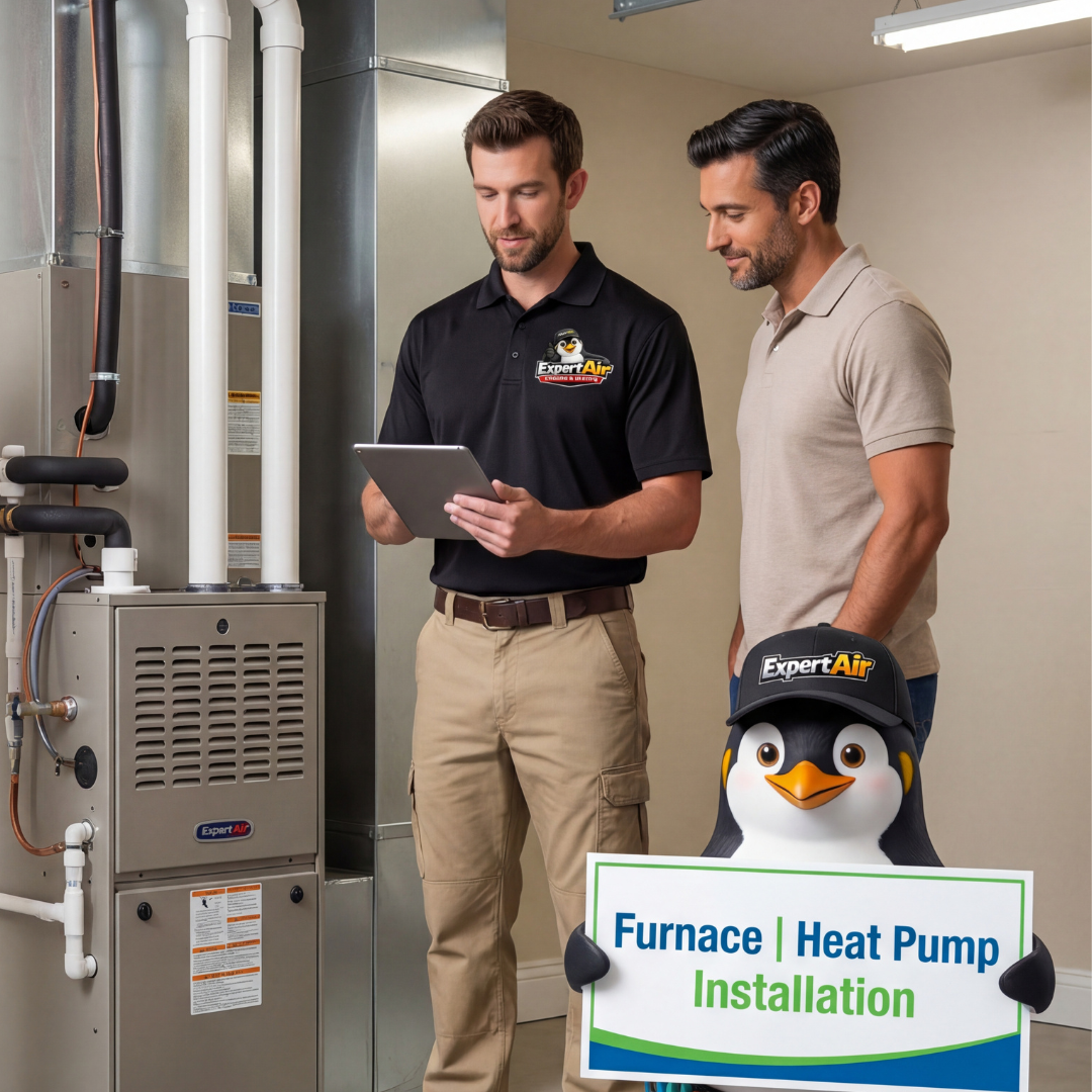 Expert Air Cooling & Heating technician reviewing furnace and heat pump installation details with a homeowner inside a Florida residence in Port St. Lucie.