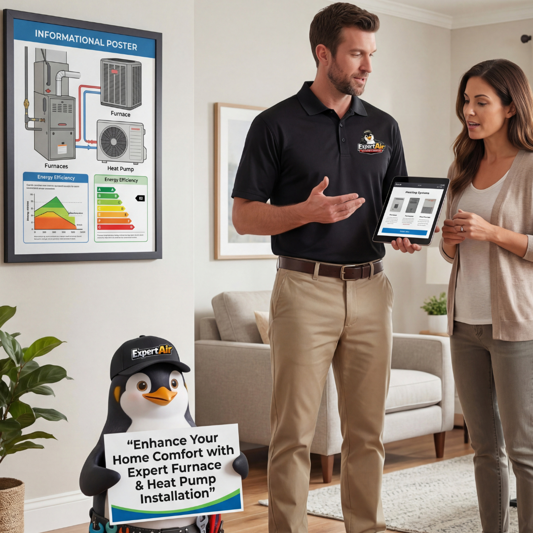 Expert Air Cooling & Heating technician explaining furnace and heat pump installation options to a homeowner during an in-home comfort consultation in Port St. Lucie.