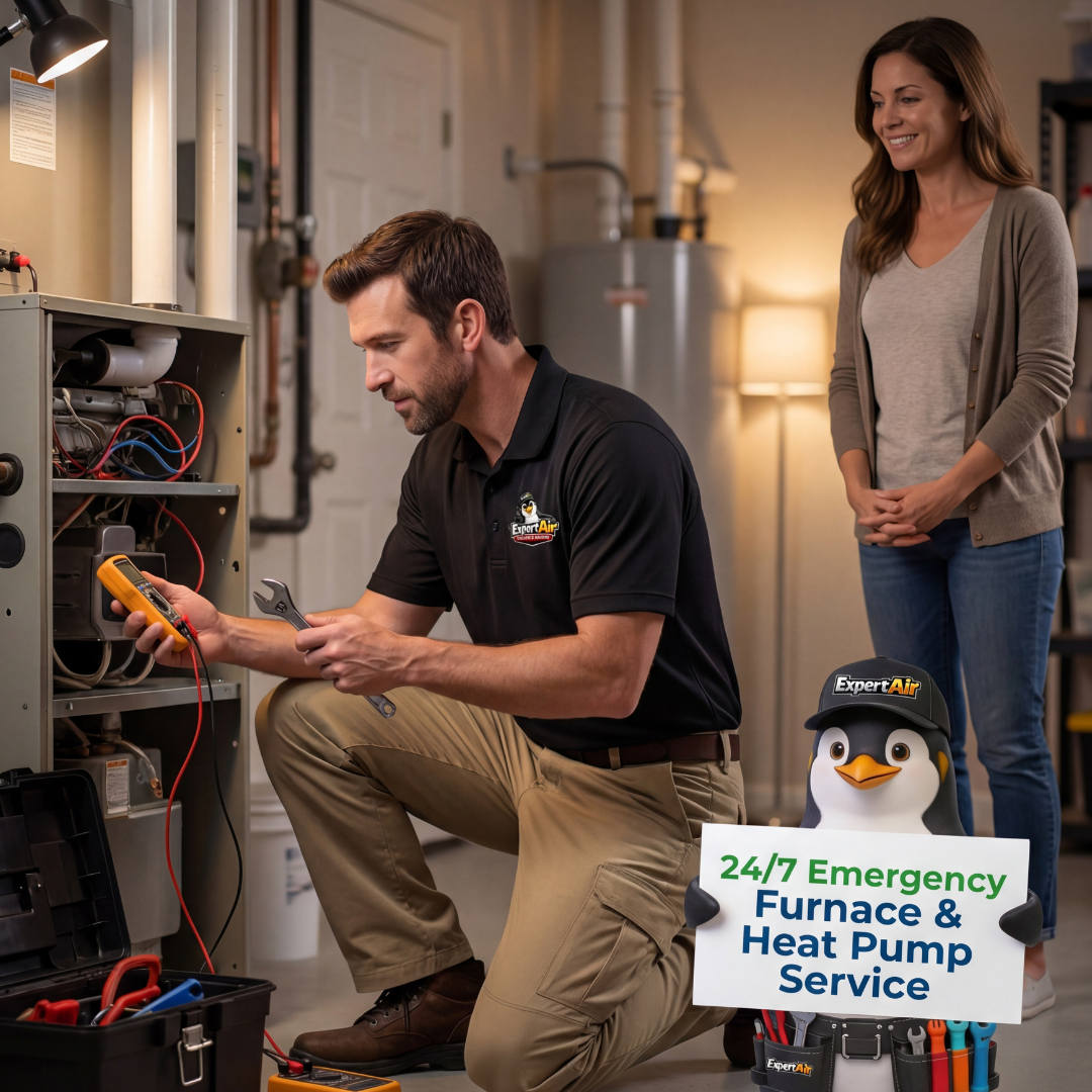 Expert Air Cooling & Heating technician performing emergency furnace and heat pump service while a homeowner observes inside a Florida home.