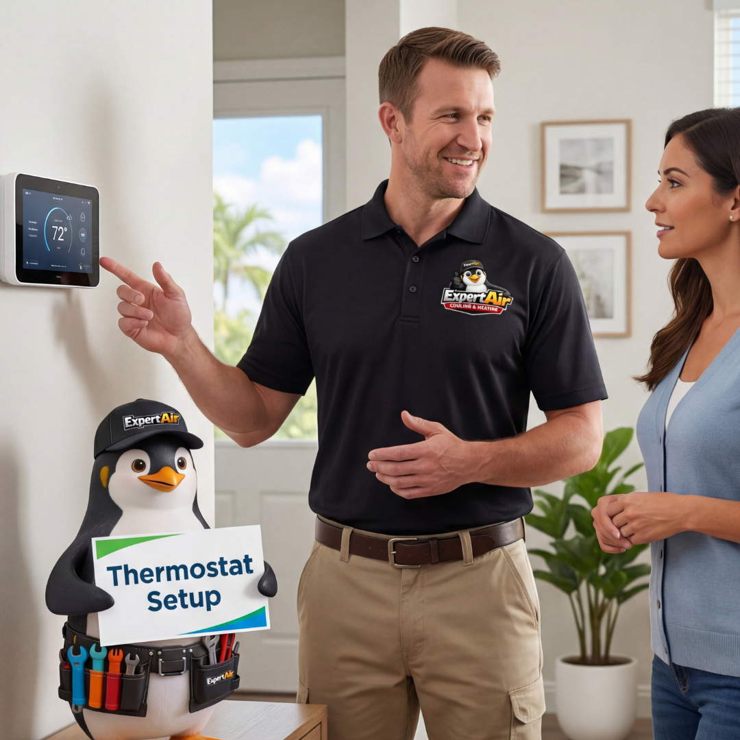 Expert Air Cooling & Heating technician explaining smart thermostat setup to a homeowner inside a Florida home.
