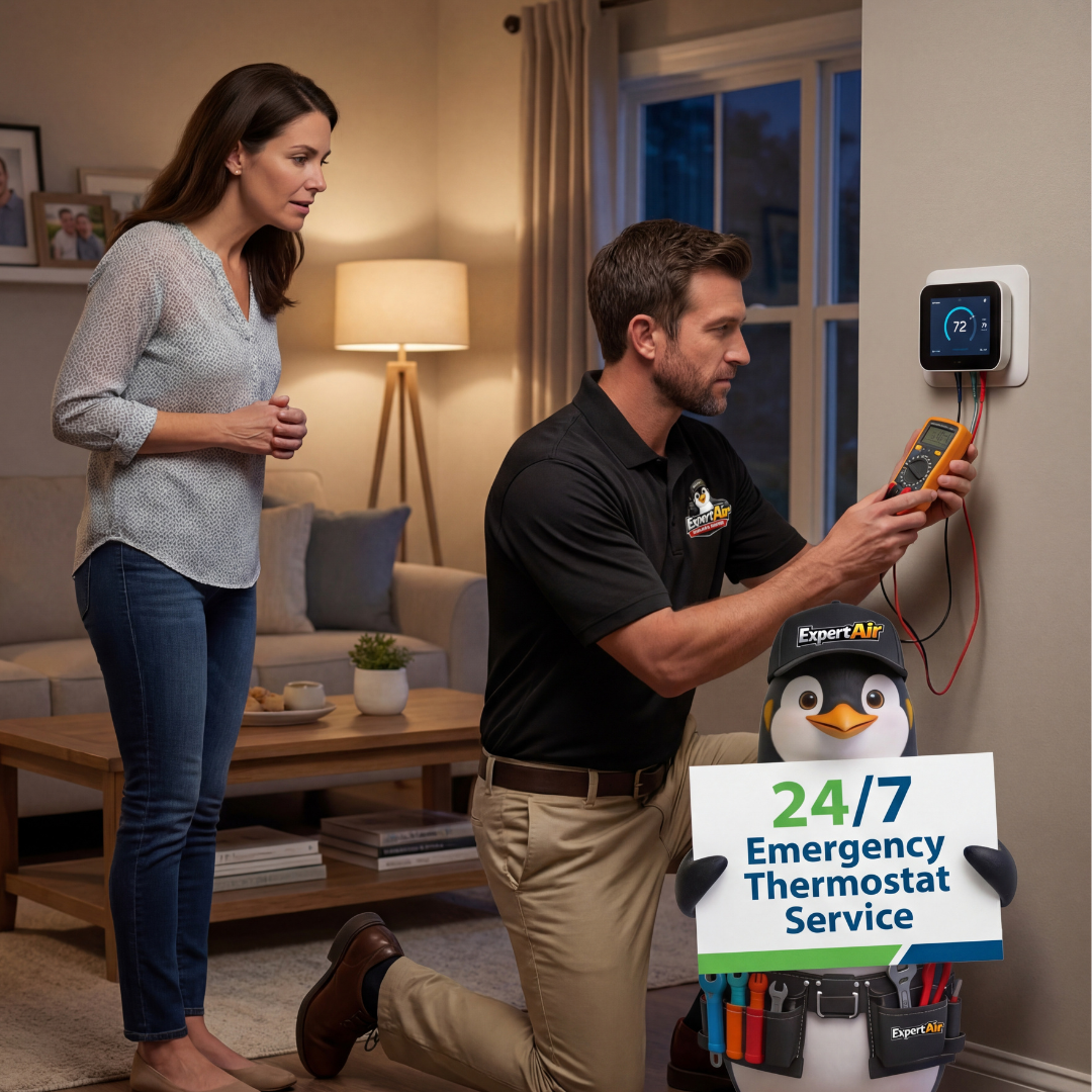 Expert Air Cooling & Heating technician providing 24/7 emergency thermostat service while a homeowner observes inside a Florida home at night.