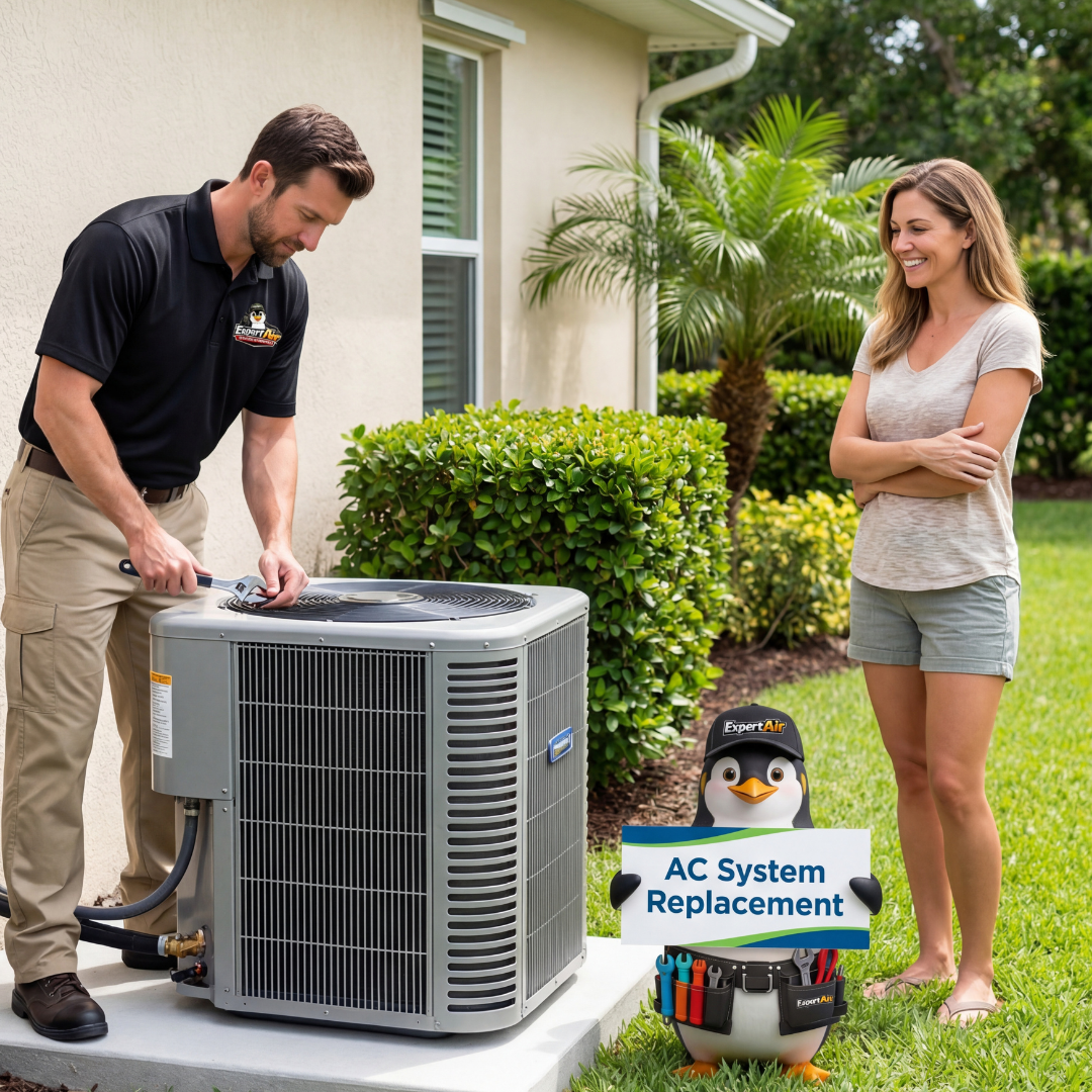 Expert Air Cooling & Heating technician performing an AC system replacement at a Florida home while the homeowner observes.