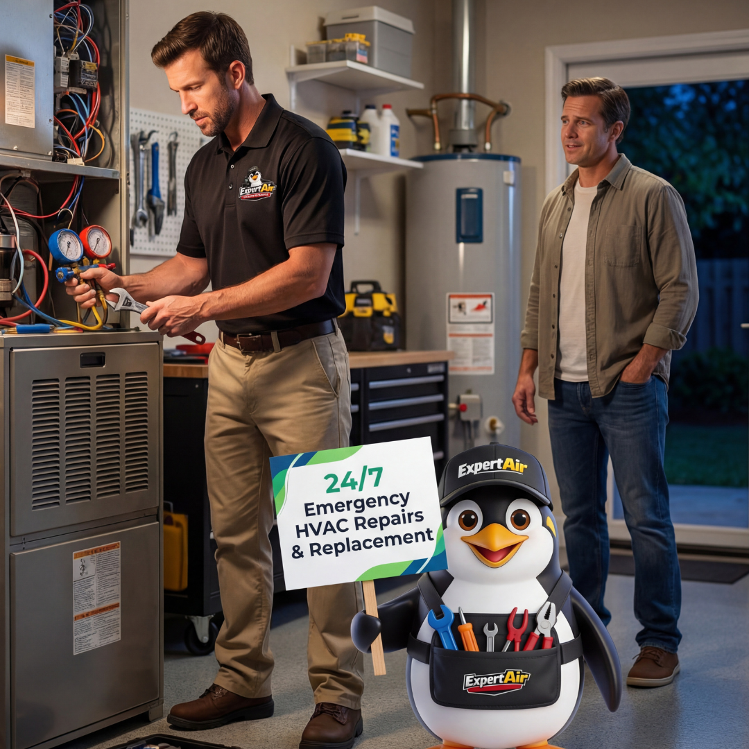 Expert Air Cooling & Heating technician performing a 24/7 emergency HVAC repair while a homeowner observes in a residential utility room.