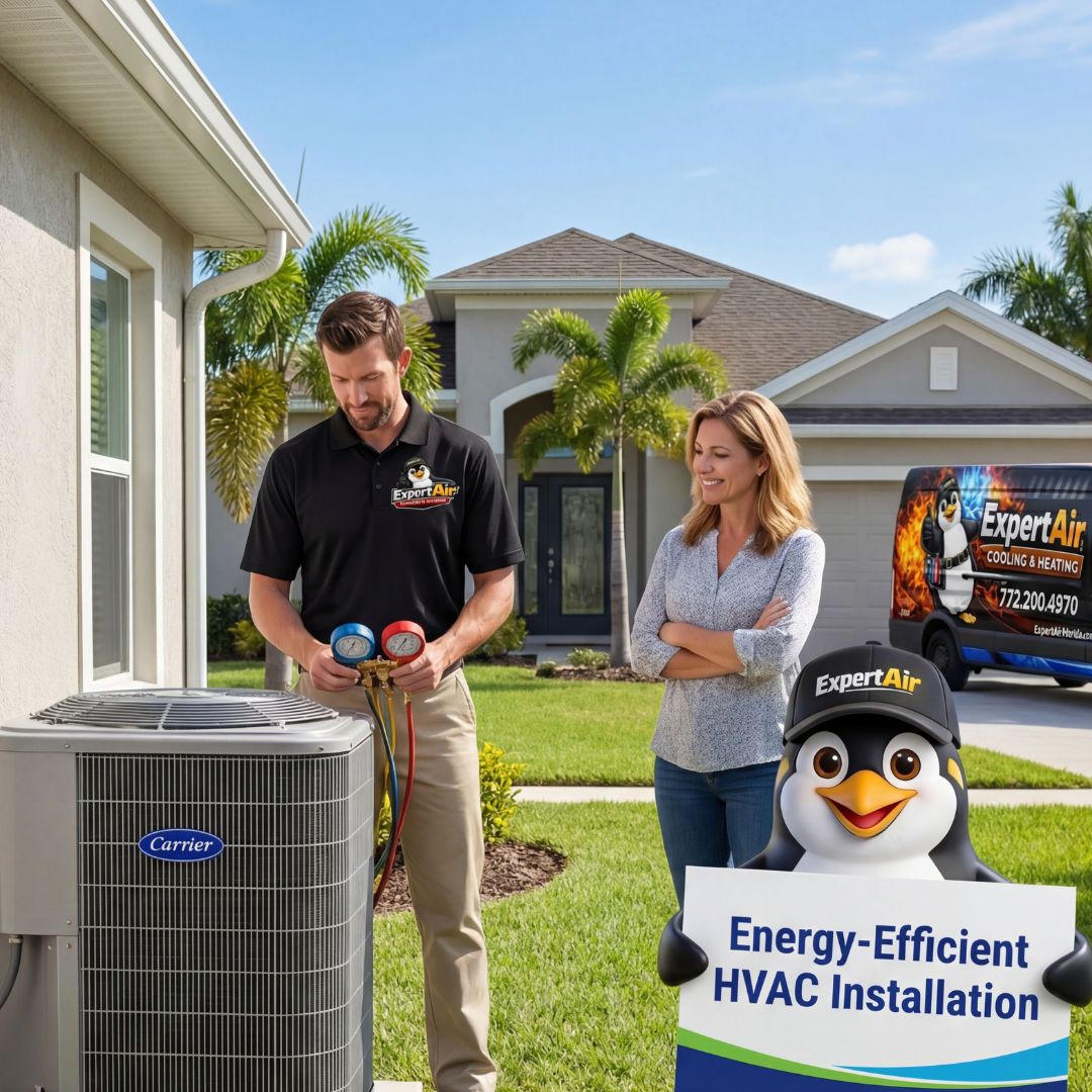 Expert Air Cooling & Heating technician performing an energy-efficient HVAC system installation while a homeowner observes at a Florida residence.