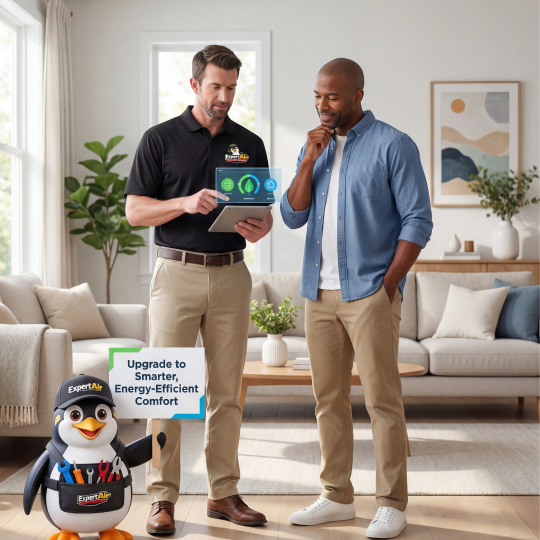 Expert Air Cooling & Heating technician reviewing smart, energy-efficient HVAC options with a homeowner inside a modern Florida living room.