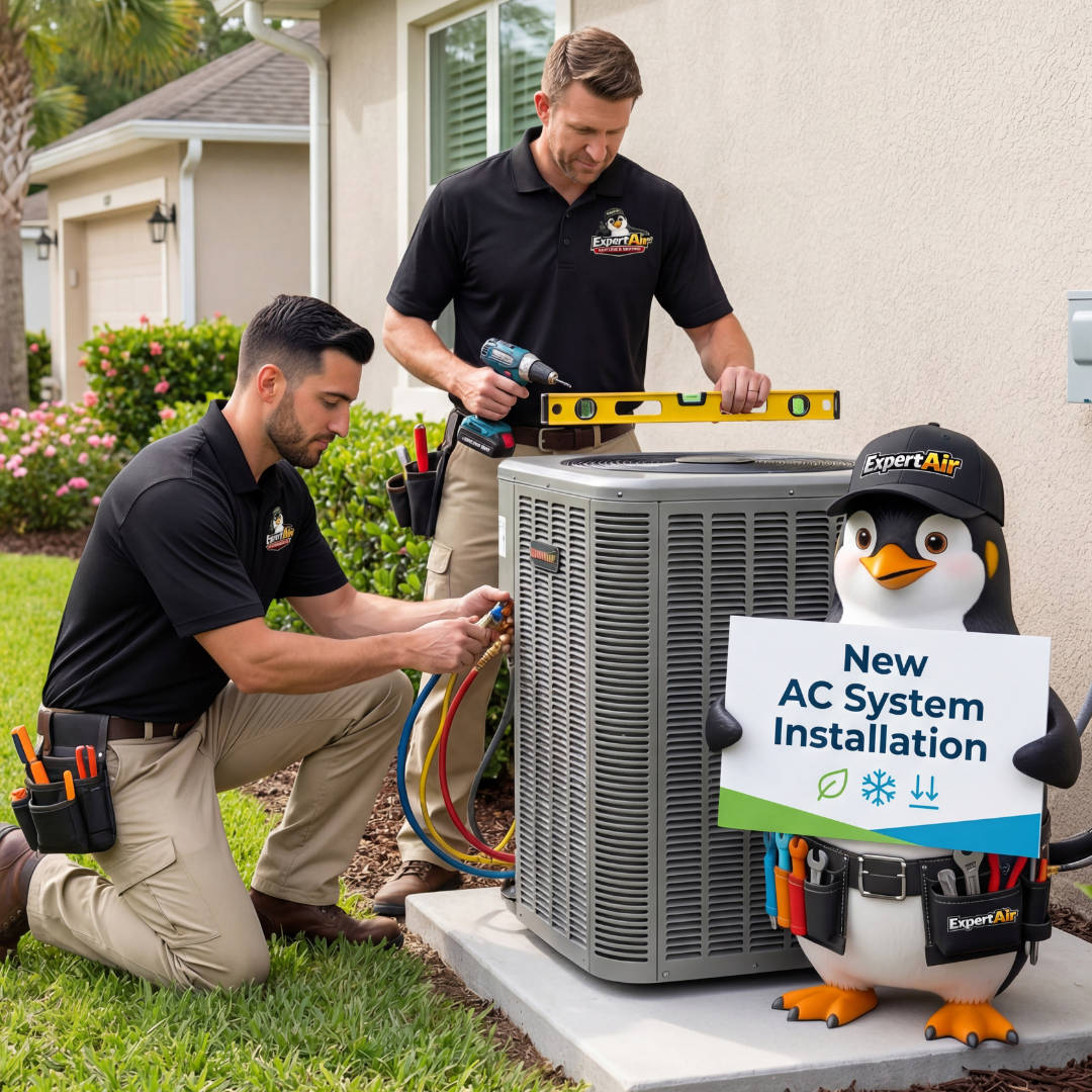 Expert Air Cooling & Heating technicians installing a new air conditioning system at a residential home in Port St. Lucie.