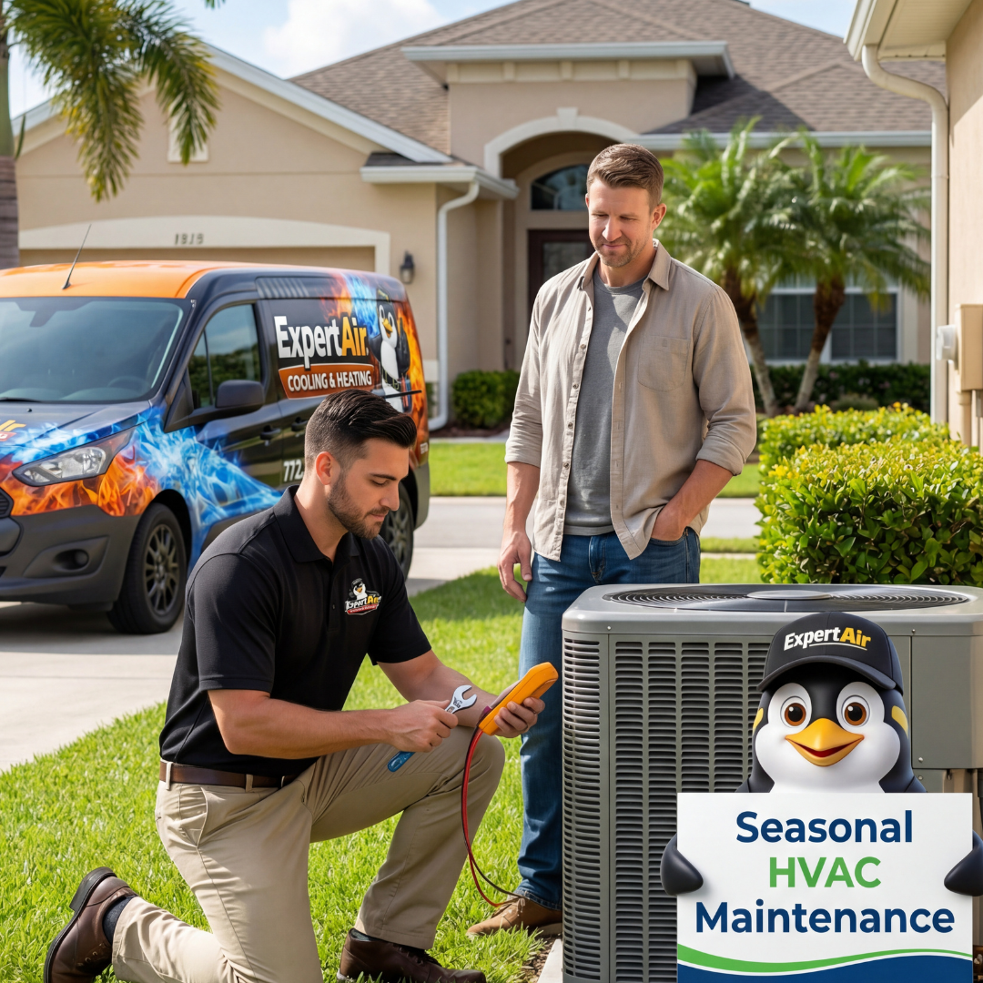 Expert Air Cooling & Heating technician performing seasonal HVAC maintenance on an outdoor air conditioning unit while a homeowner observes, with the company service van in the background.