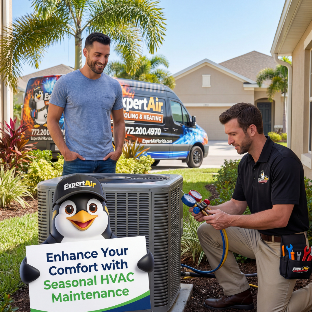 Expert Air Cooling & Heating technician performing seasonal HVAC maintenance on an outdoor air conditioning system while a homeowner observes, with the company service van visible in the background.