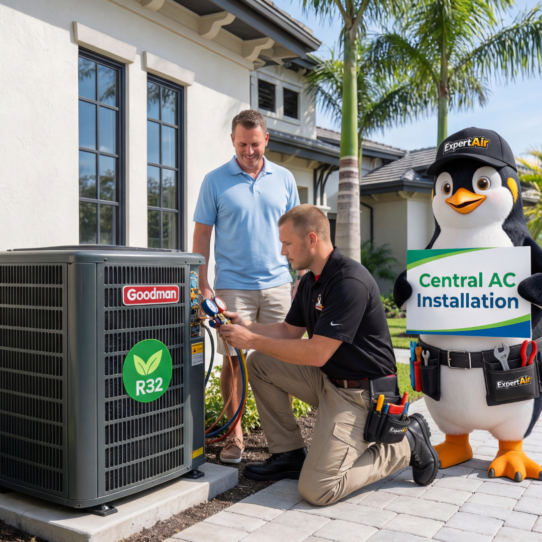 Expert Air Cooling & Heating technician installing a central air conditioning system at a residential home in Port St. Lucie.