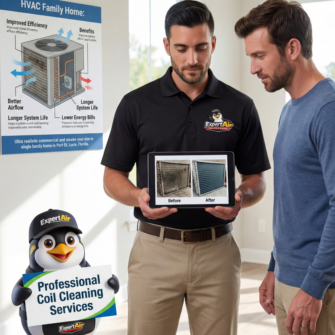 Expert Air Cooling & Heating technician shows a homeowner before-and-after images of HVAC coil cleaning to demonstrate improved system efficiency.