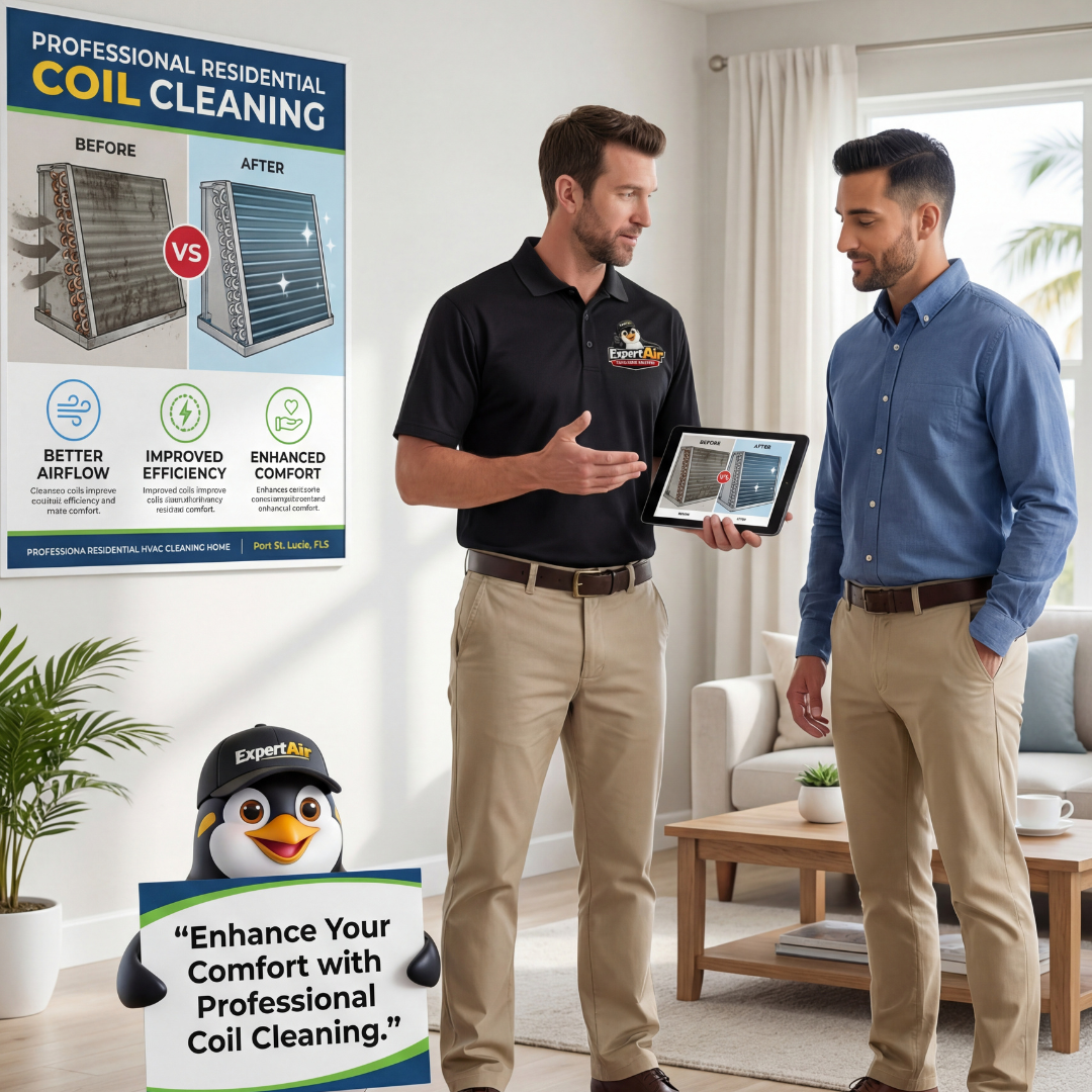 Expert Air Cooling & Heating technician explains before-and-after HVAC coil cleaning results to a homeowner to show improved airflow and efficiency.