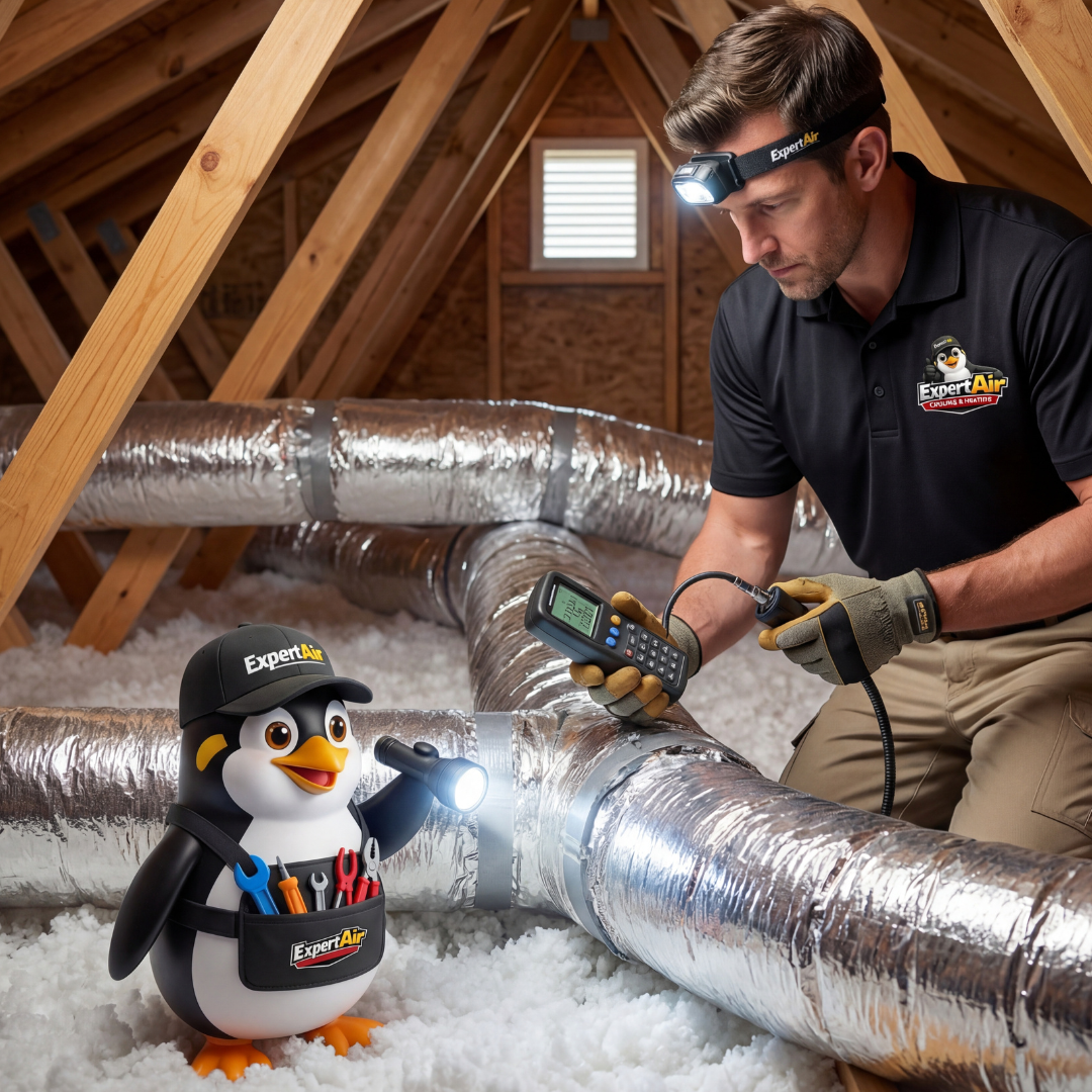Expert Air Cooling & Heating technician performing a professional air duct inspection and explaining duct layout to a homeowner in a Florida home.