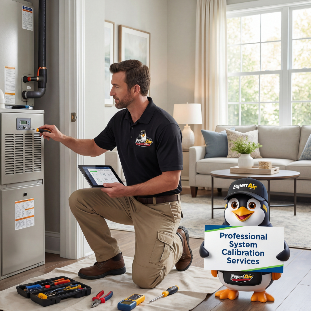 Expert Air Cooling & Heating technician calibrating a residential HVAC system using digital diagnostic tools while a homeowner observes, ensuring accurate system performance.