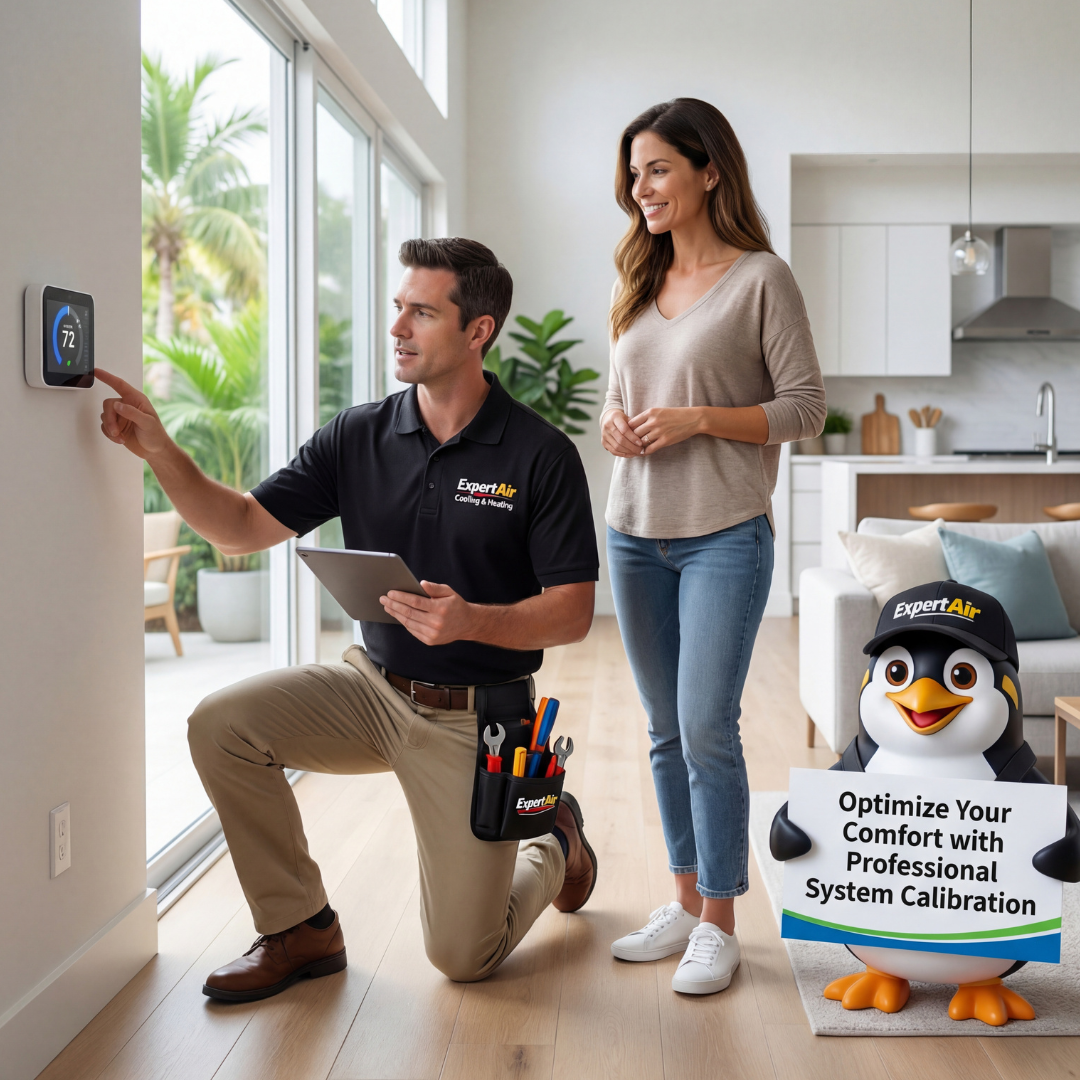 Expert Air Cooling & Heating technician calibrating a smart thermostat while homeowner observes, providing professional HVAC system calibration services in Port St. Lucie, Fort Pierce, Stuart, Palm City, Saint Lucie West, and Tradition.