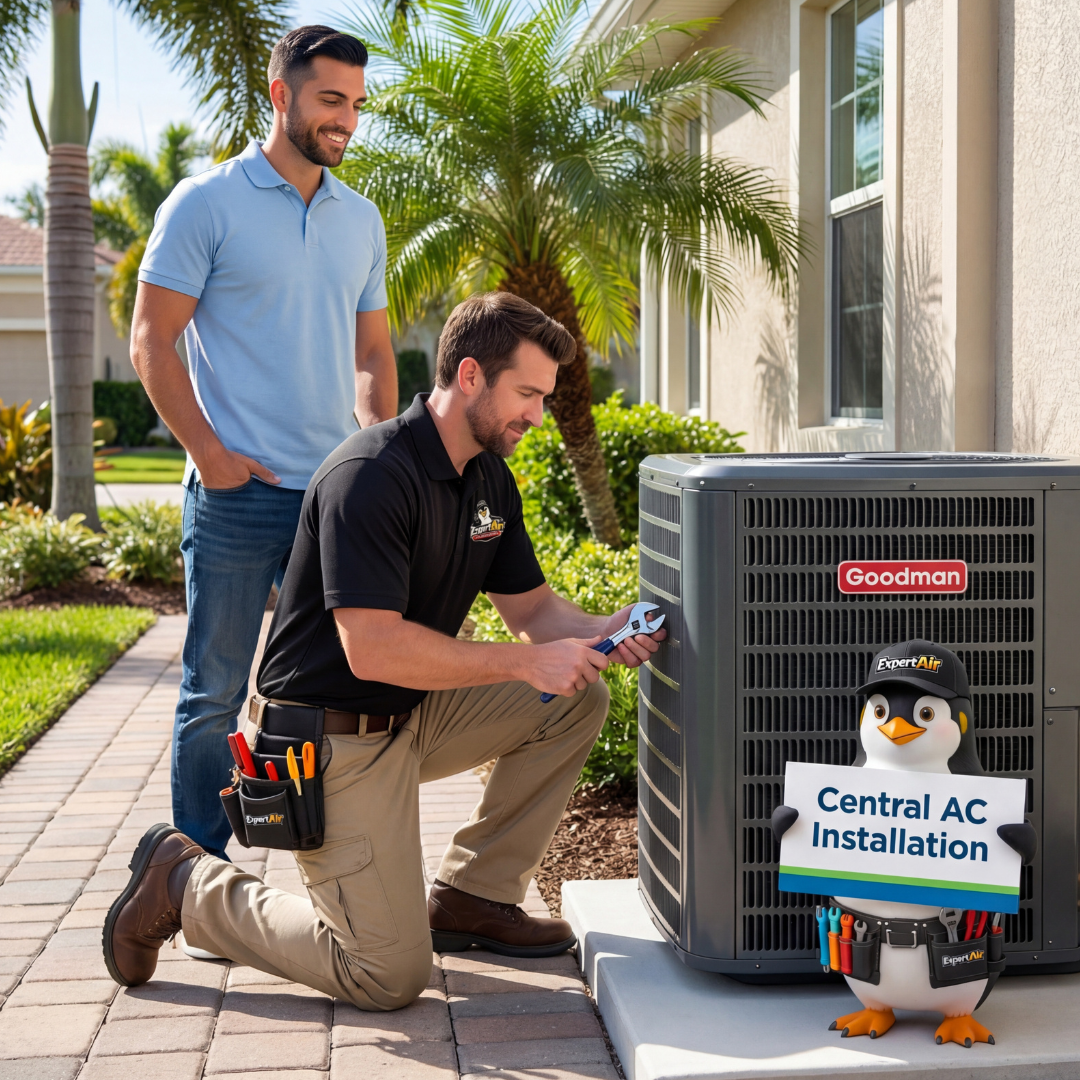 Expert Air Cooling & Heating technician installing a central air conditioning system while a homeowner observes at a Florida residence in Port St. Lucie.
