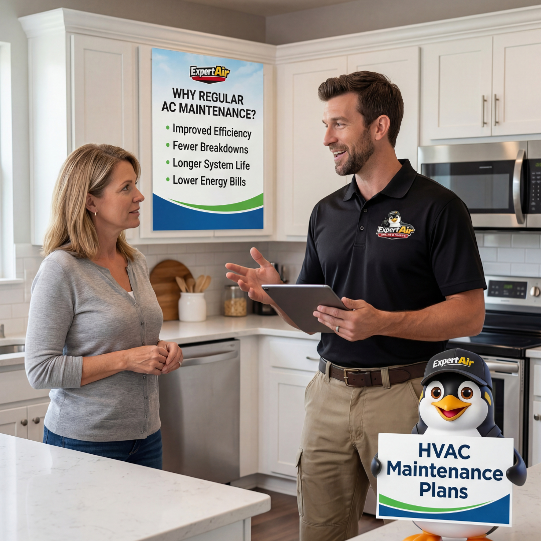 Expert Air Cooling & Heating technician explaining HVAC maintenance plans to a homeowner in Port St. Lucie, serving Fort Pierce, Stuart, Palm City, Saint Lucie West, and Tradition.
