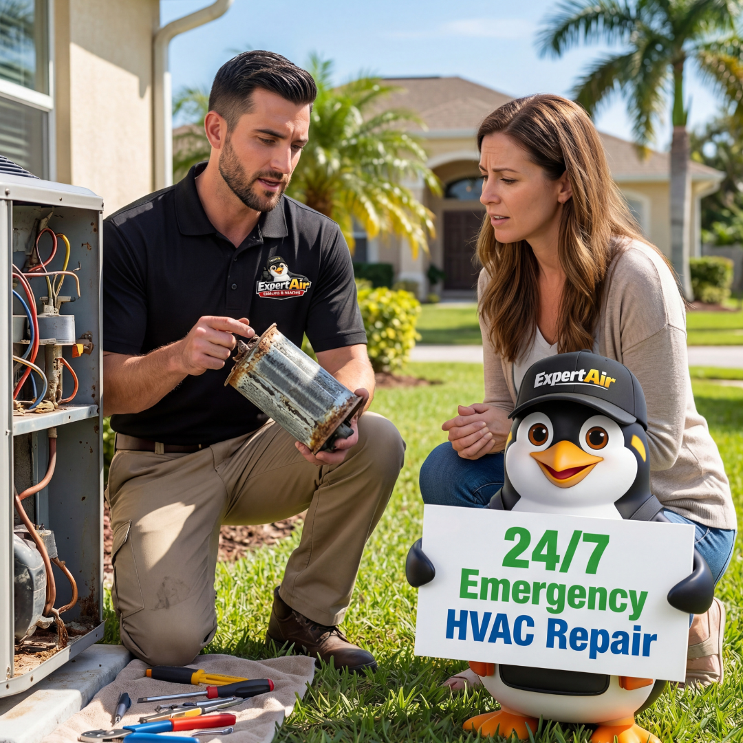 Expert Air Cooling & Heating technician explaining an HVAC system issue to a homeowner during a 24/7 emergency repair visit in Port St. Lucie, serving Fort Pierce, Stuart, Palm City, Saint Lucie West, and Tradition.