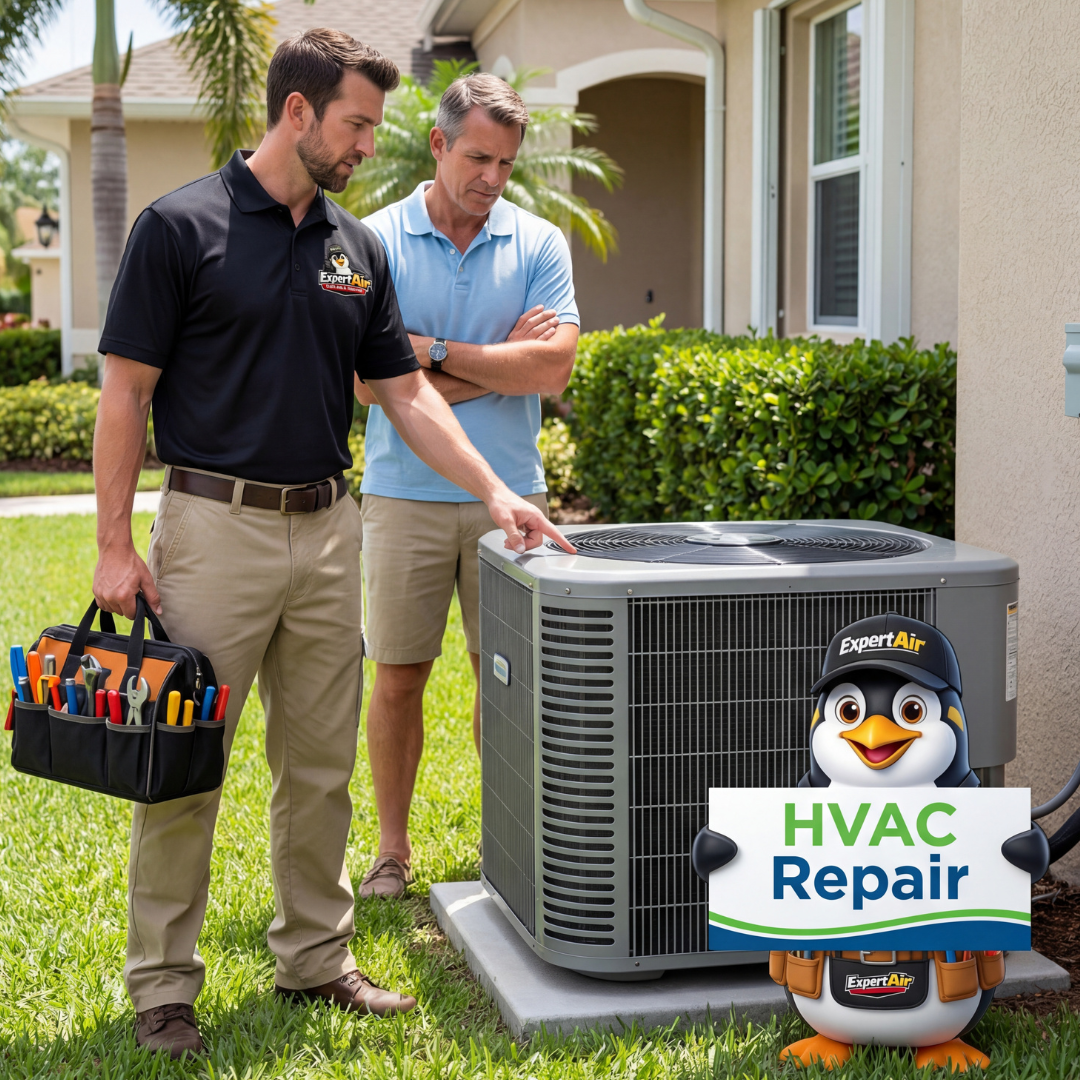 Expert Air Cooling & Heating technician explaining an HVAC repair to a homeowner beside an outdoor AC unit in Port St. Lucie, serving Fort Pierce, Stuart, Palm City, Saint Lucie West, and Tradition.