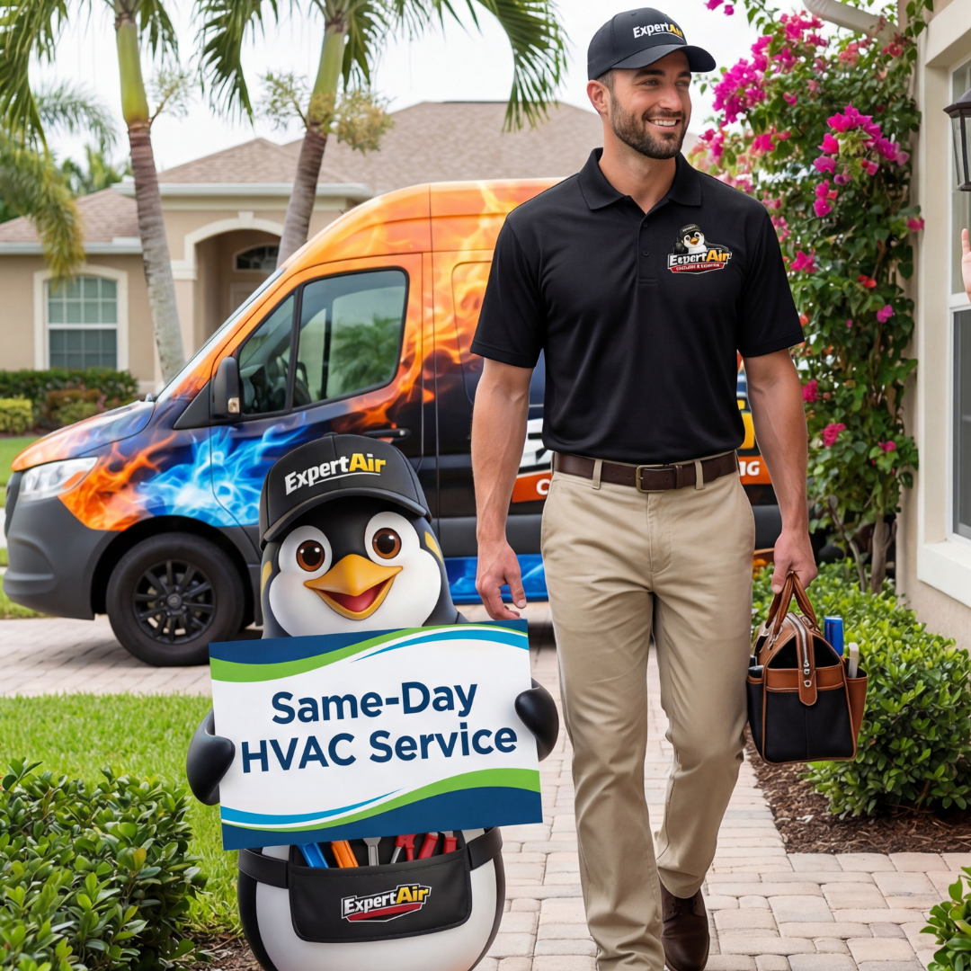 Expert Air Cooling & Heating technician arriving at a Florida home for same-day HVAC service, serving Port St. Lucie, Fort Pierce, Stuart, Palm City, Saint Lucie West, and Tradition.