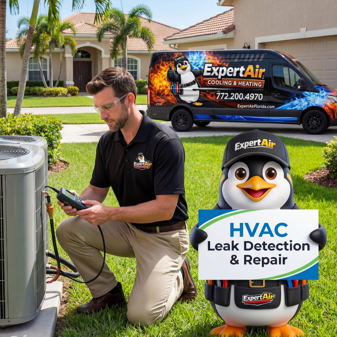 Expert Air Cooling & Heating technician performing HVAC leak detection and repair on an outdoor air conditioning unit at a Florida home in Port St. Lucie and surrounding areas.