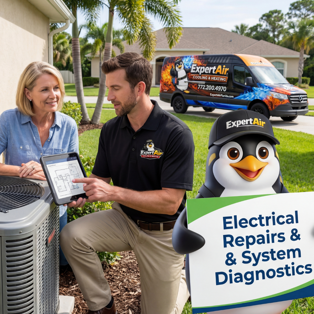 Expert Air Cooling & Heating technician performing electrical repairs and HVAC system diagnostics at a residential air conditioning unit in Port St. Lucie, Florida.