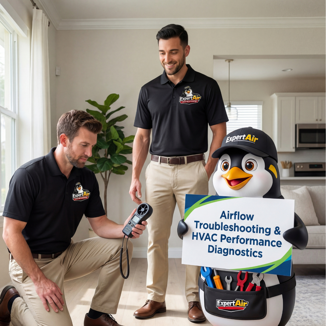Expert Air Cooling & Heating technicians performing airflow testing and HVAC performance diagnostics inside a home in Port St. Lucie, Florida.