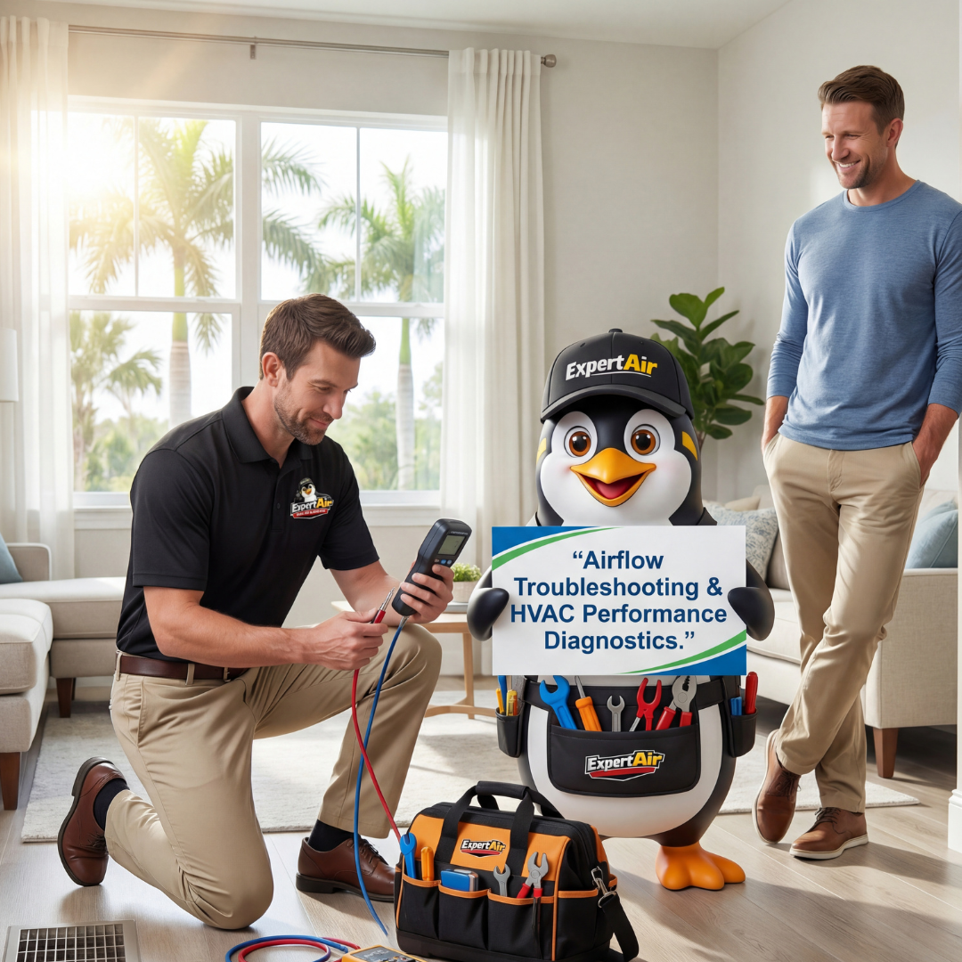 Expert Air Cooling & Heating technician performing airflow troubleshooting and HVAC diagnostics inside a Florida home.