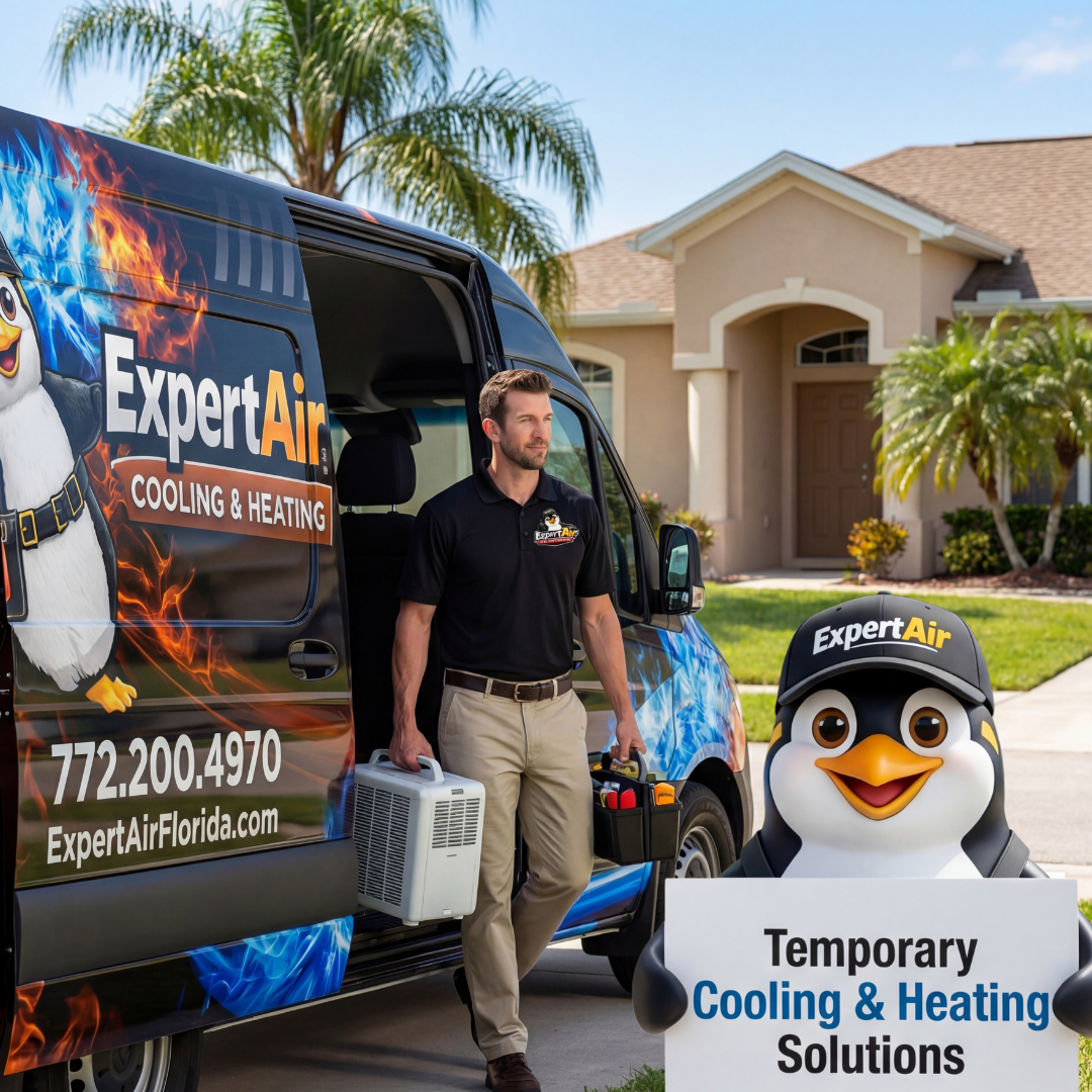 Expert Air Cooling & Heating technician delivering temporary cooling and heating equipment to a Florida home.