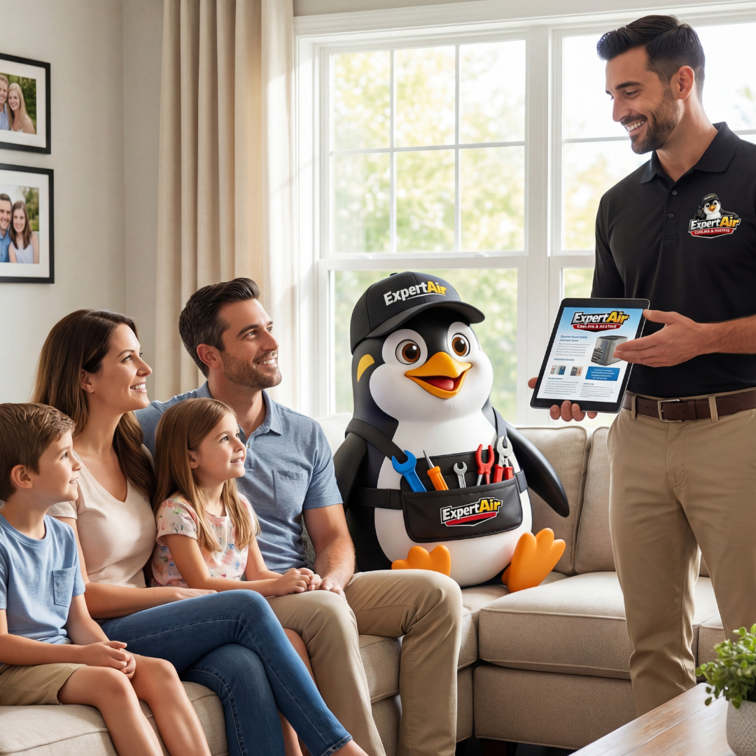 Expert Air Cooling & Heating technician discussing a new AC system with a family in their living room.