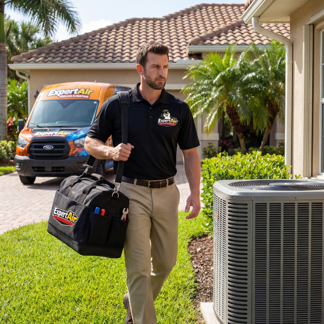 Expert Air Cooling & Heating technician arriving for central AC repair service at a Florida home.