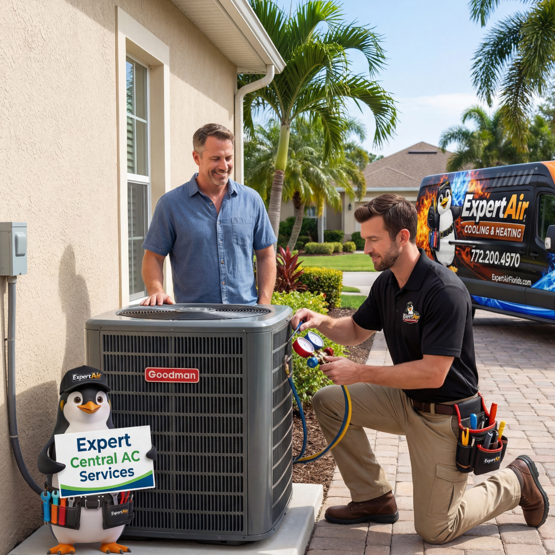 Expert Air Cooling & Heating technician servicing a central air conditioning system while a homeowner observes at a Florida home in Port St. Lucie.