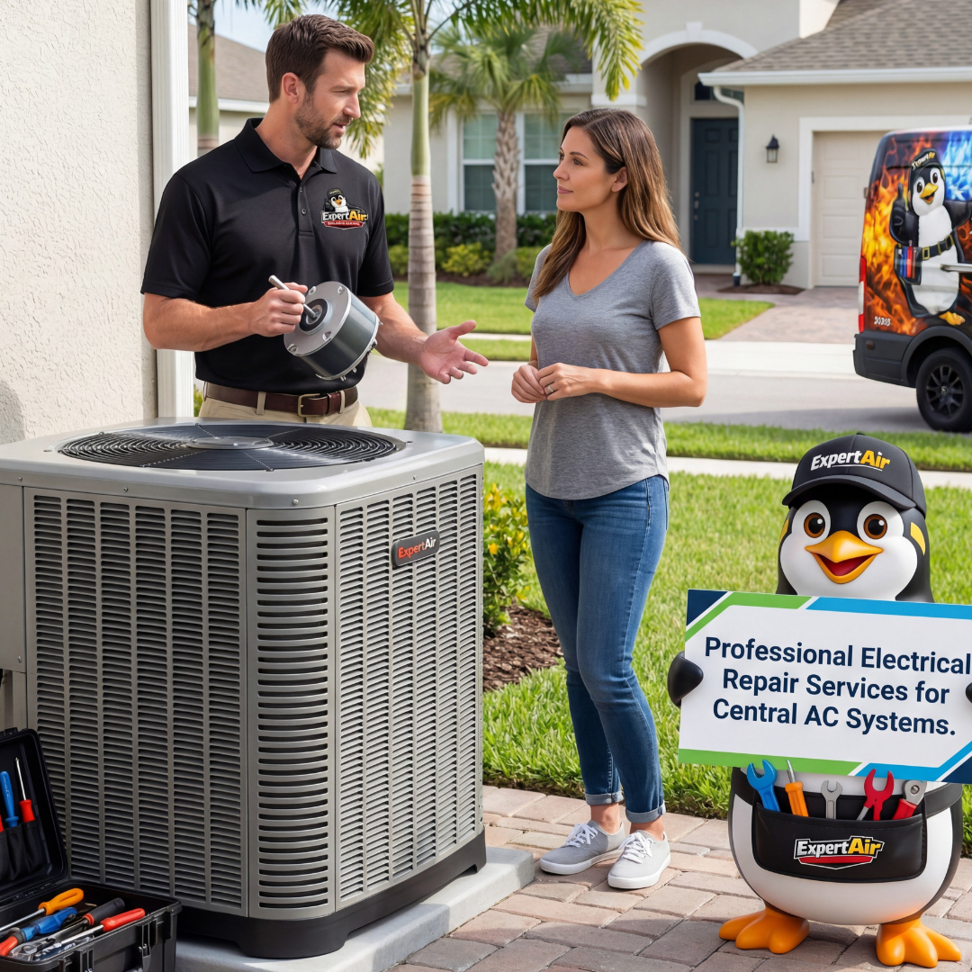 Expert Air technician explaining a central AC electrical repair while holding a fan motor as a customer listens outside a Florida home.