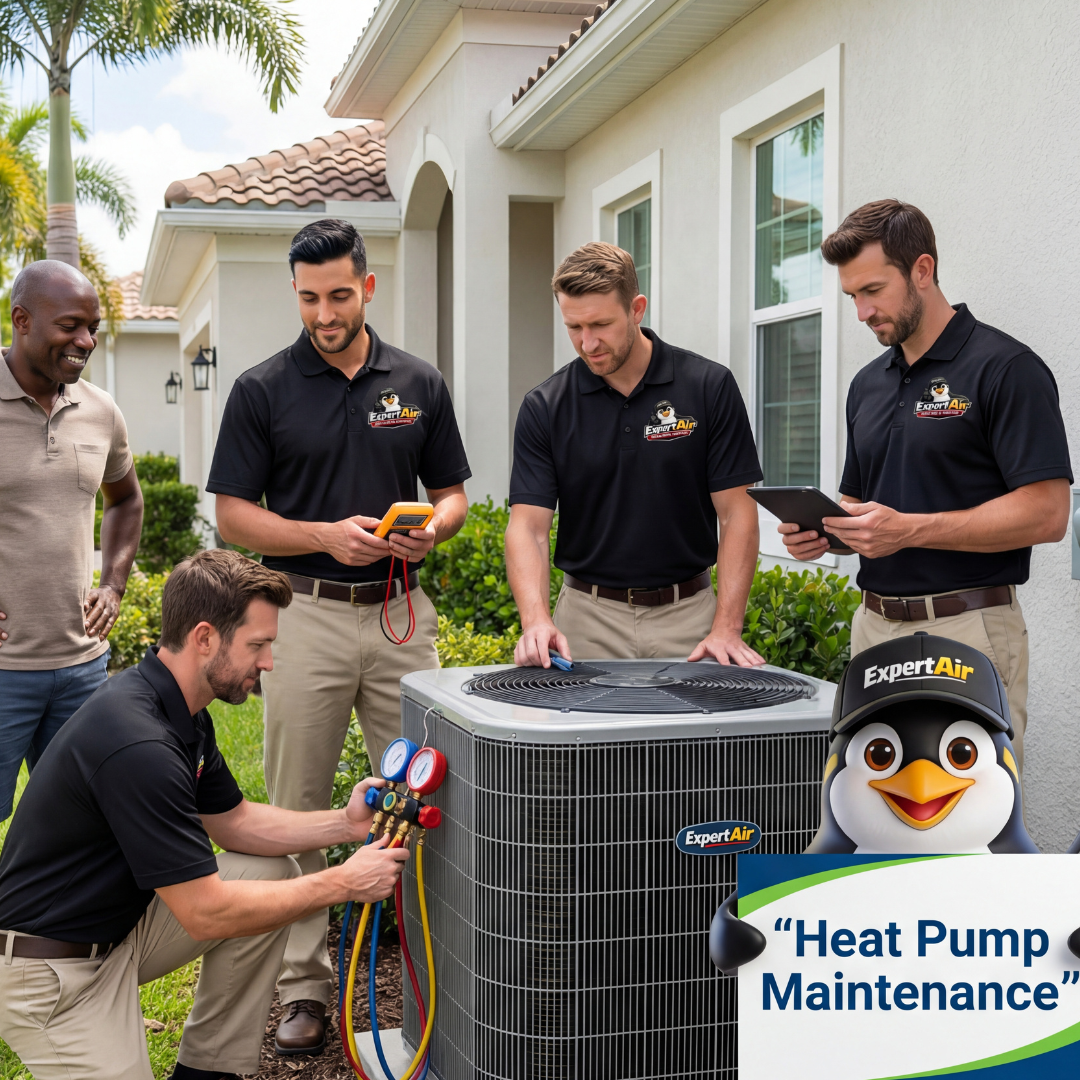 Expert Air technicians performing comprehensive heat pump maintenance while inspecting an outdoor system at a Florida home.