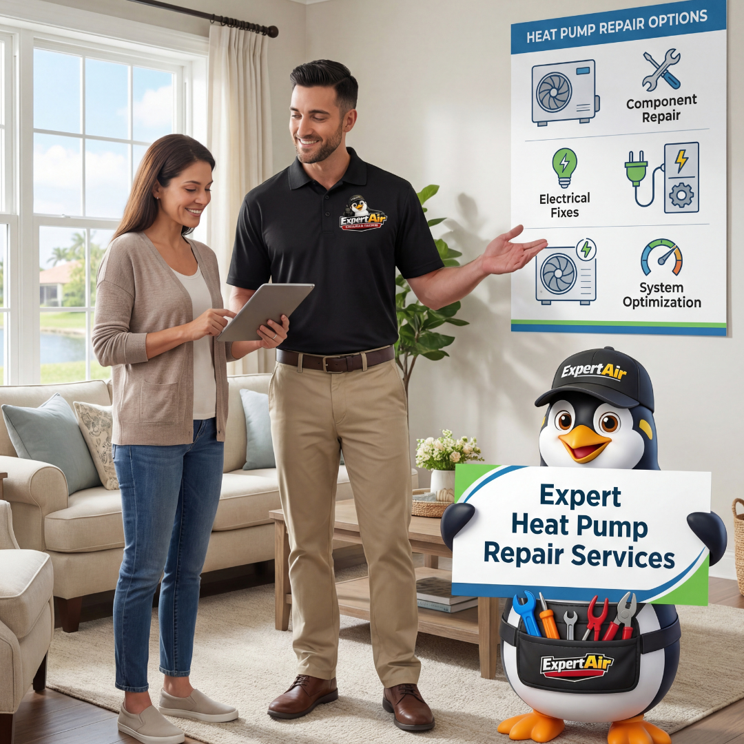 Expert Air technician explaining heat pump repair options to a homeowner indoors, with Expert Air penguin mascot holding a heat pump repair services sign.