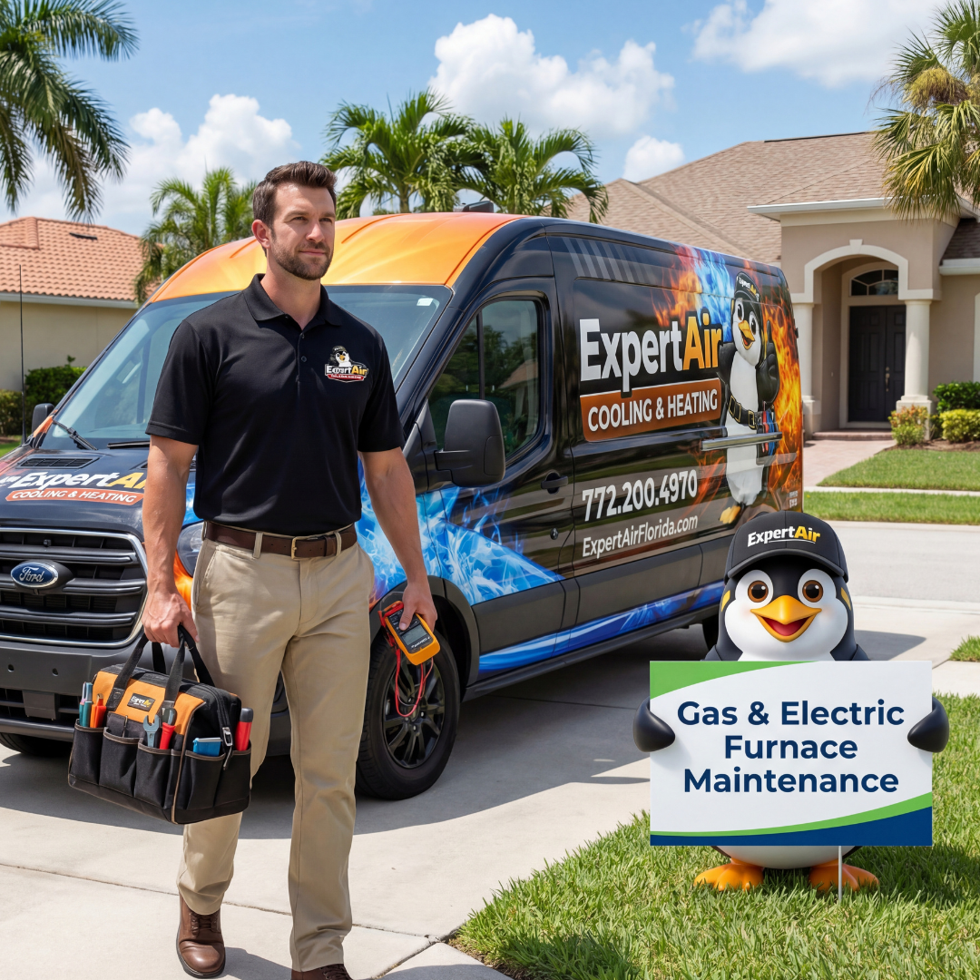 Expert Air Cooling & Heating technician arriving at a home for gas and electric furnace maintenance, with service van parked outside and the Expert Air penguin mascot holding a furnace maintenance sign.