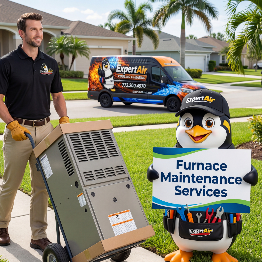 Expert Air Cooling & Heating technician delivering temporary heating and cooling equipment for gas and electric furnace service, with service van in the background and the Expert Air penguin mascot holding a furnace maintenance sign.