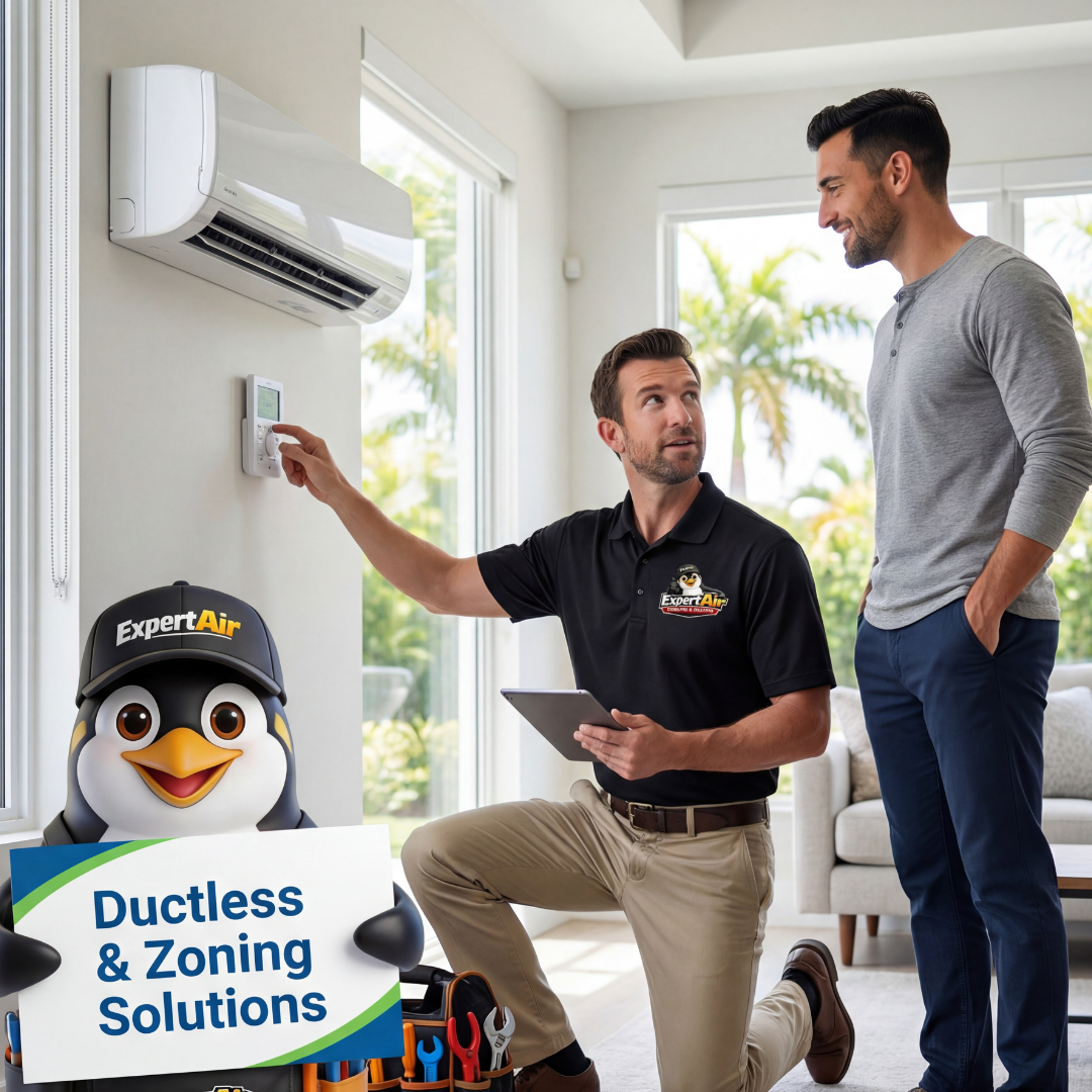 Expert Air Cooling & Heating technician demonstrating a ductless mini-split and zoning thermostat to a homeowner indoors, with the Expert Air penguin mascot promoting ductless and zoning solutions.