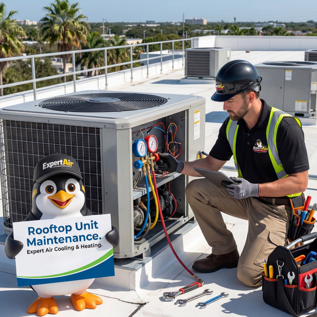 Expert Air Cooling & Heating technician performing rooftop HVAC unit maintenance for commercial cooling and heating systems in Port St. Lucie and surrounding areas.