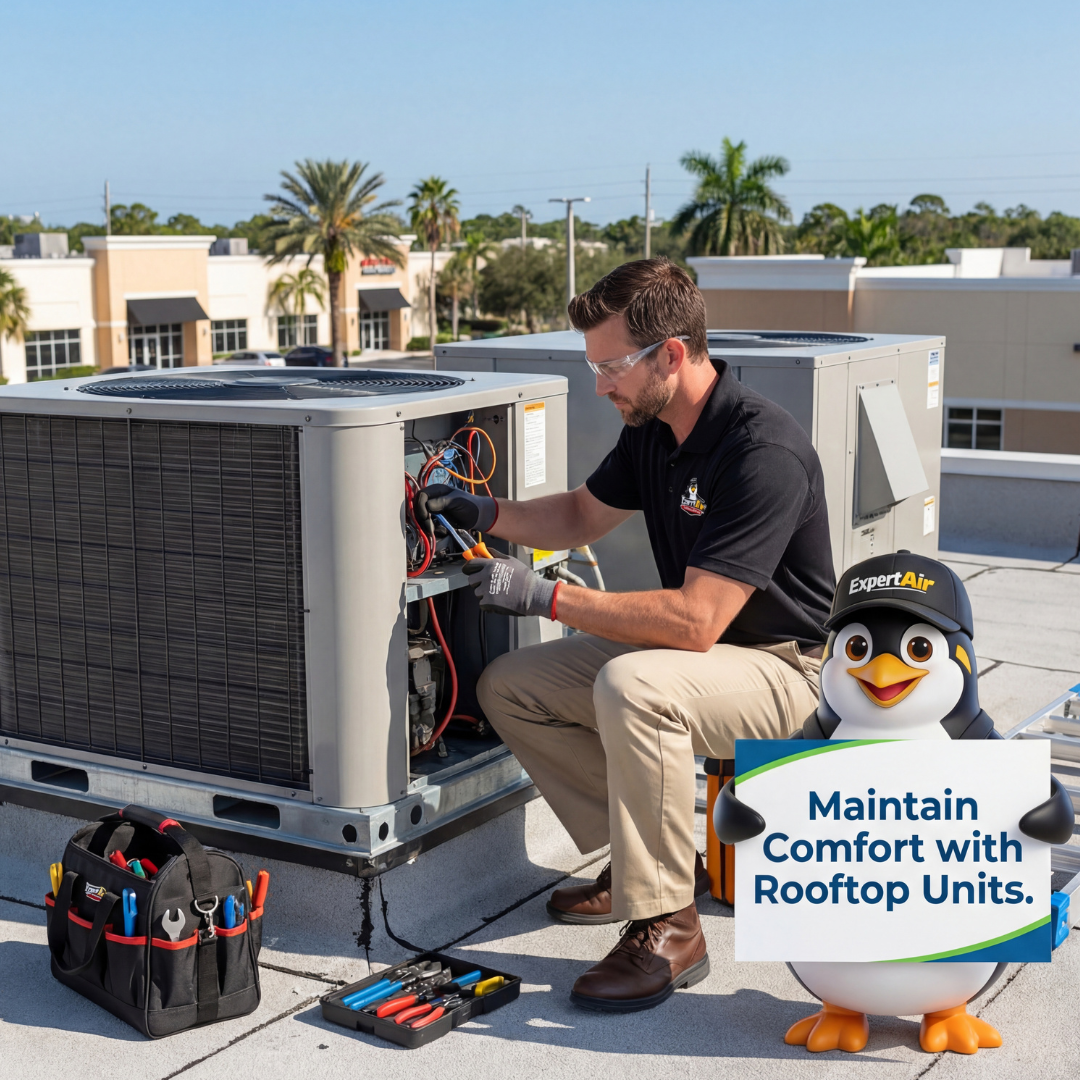 Expert Air Cooling & Heating technician servicing a commercial rooftop HVAC unit to maintain reliable cooling and heating performance in Port St. Lucie and surrounding areas.