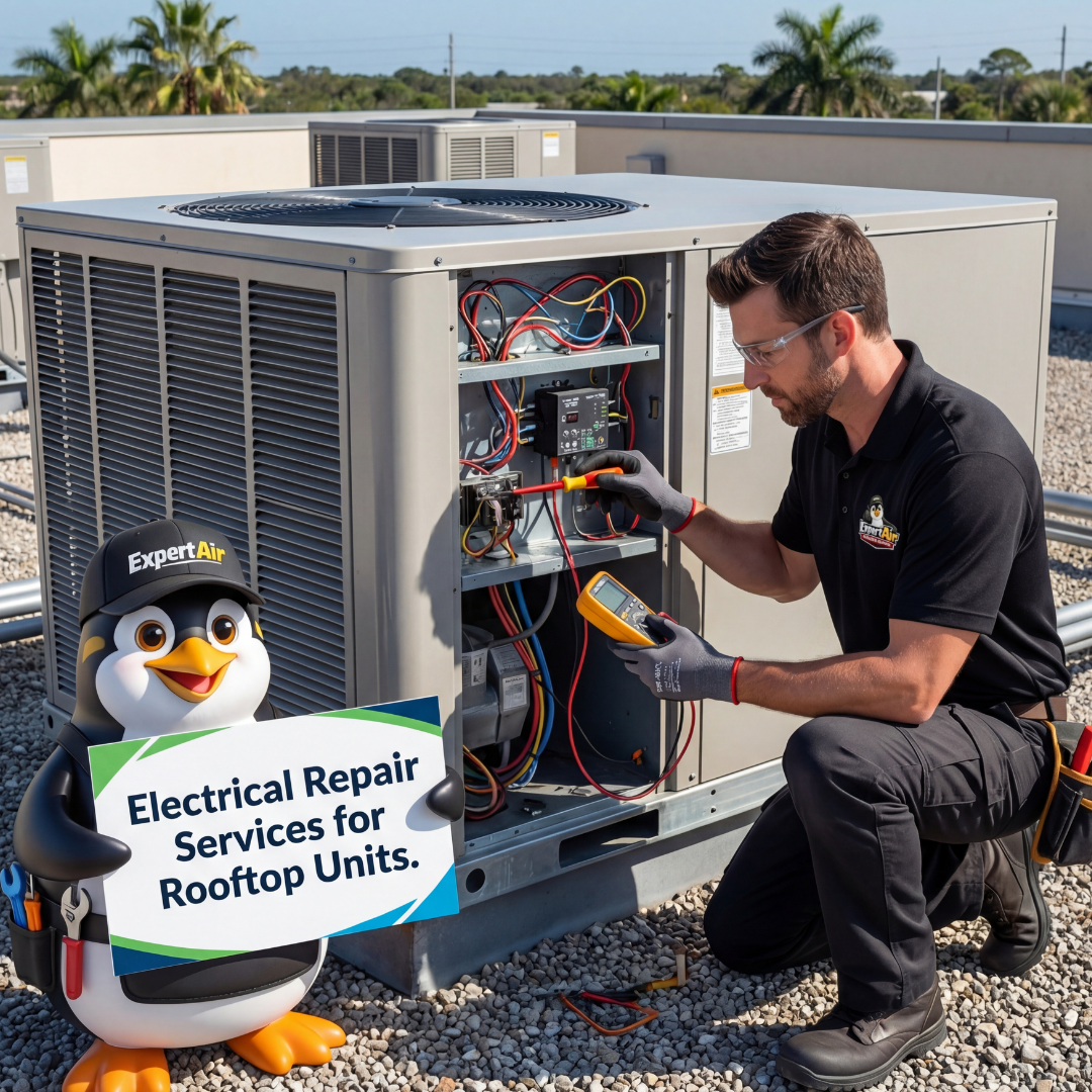 Expert Air Cooling & Heating technician performing electrical repairs and diagnostics on a commercial rooftop HVAC unit to ensure safe and reliable system operation.