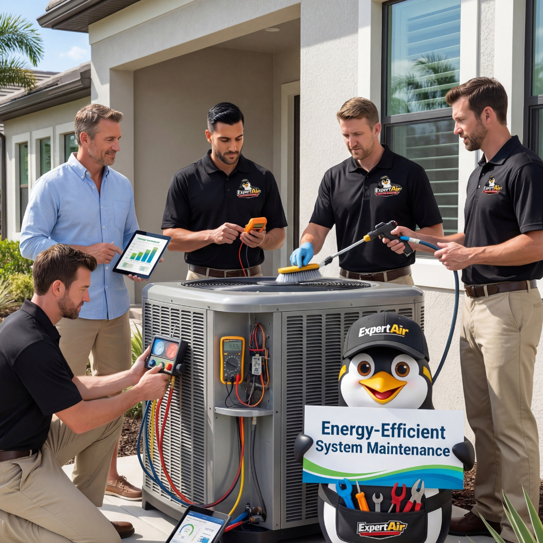 Expert Air Cooling & Heating technician performing comprehensive maintenance on an energy-efficient HVAC system to improve performance and reduce energy costs.