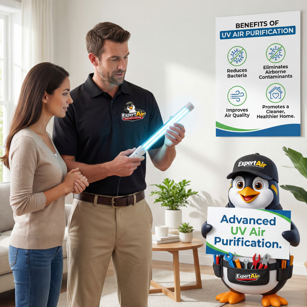 Expert Air Cooling & Heating technician installing a UV air purification system inside an HVAC unit to improve indoor air quality in a residential home.