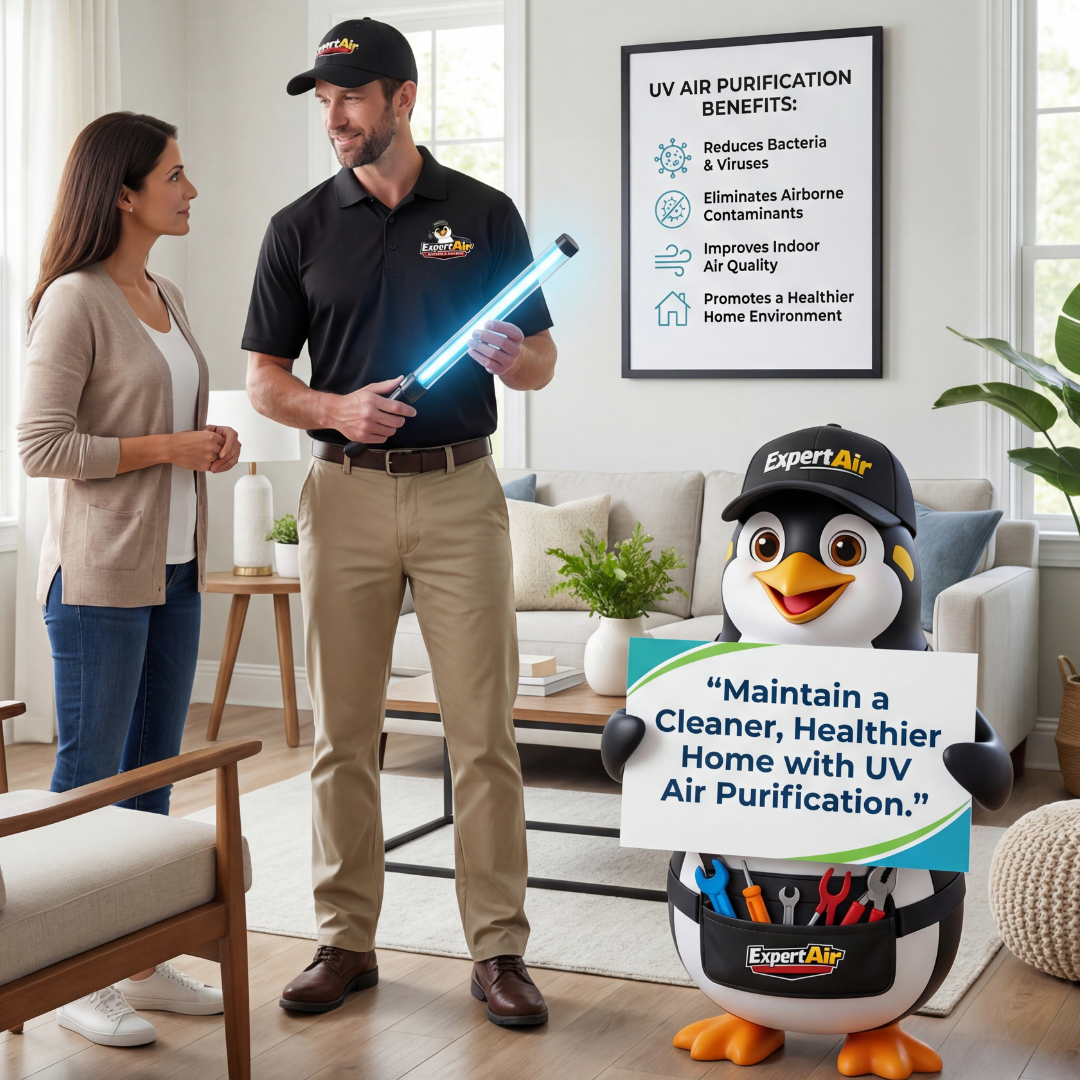 Expert Air Cooling & Heating technician installing a UV air purification system inside an HVAC unit, with signage promoting cleaner, healthier indoor air.