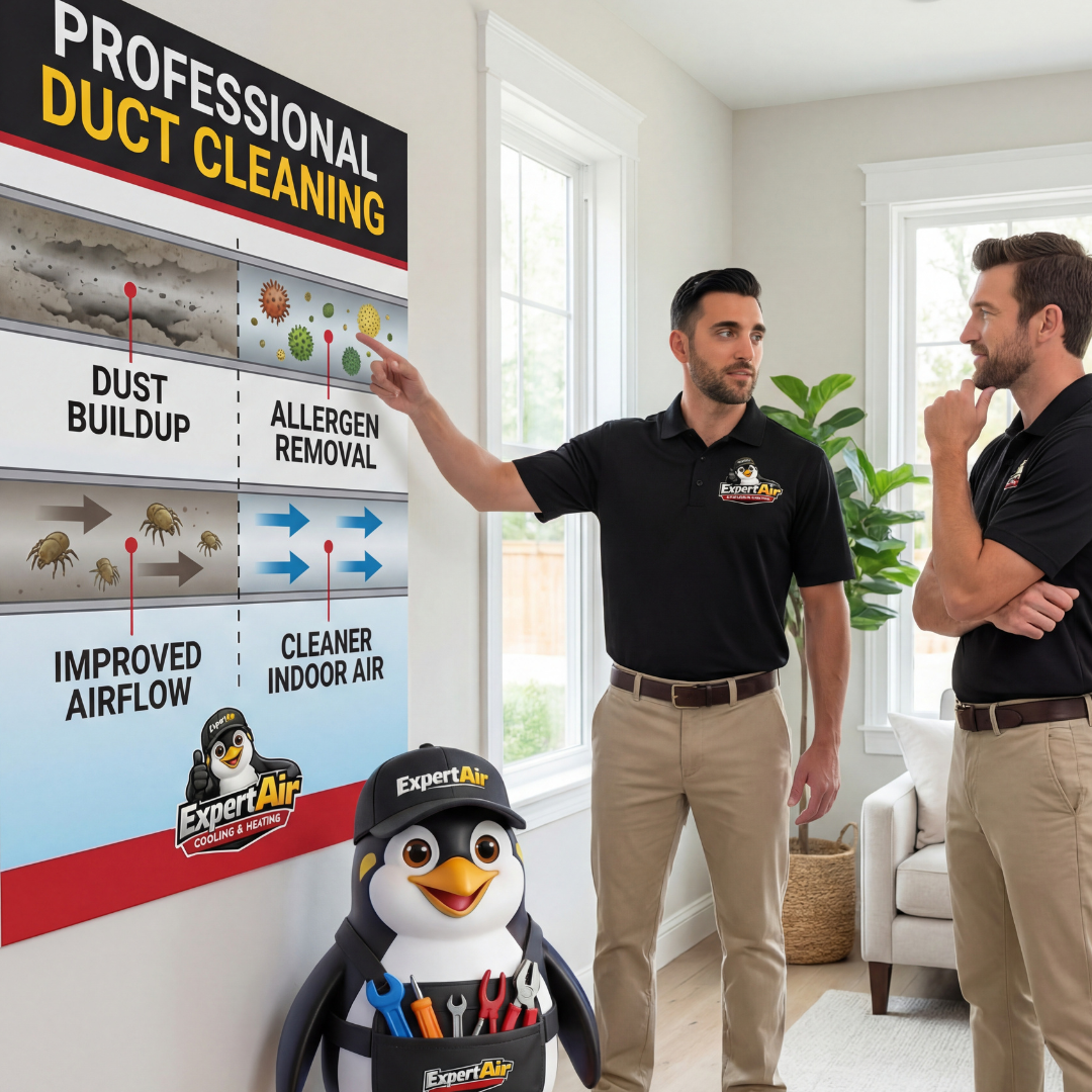 Expert Air Cooling & Heating technician reviewing duct cleaning information displayed on a wall while explaining professional duct cleaning services to improve indoor air quality.