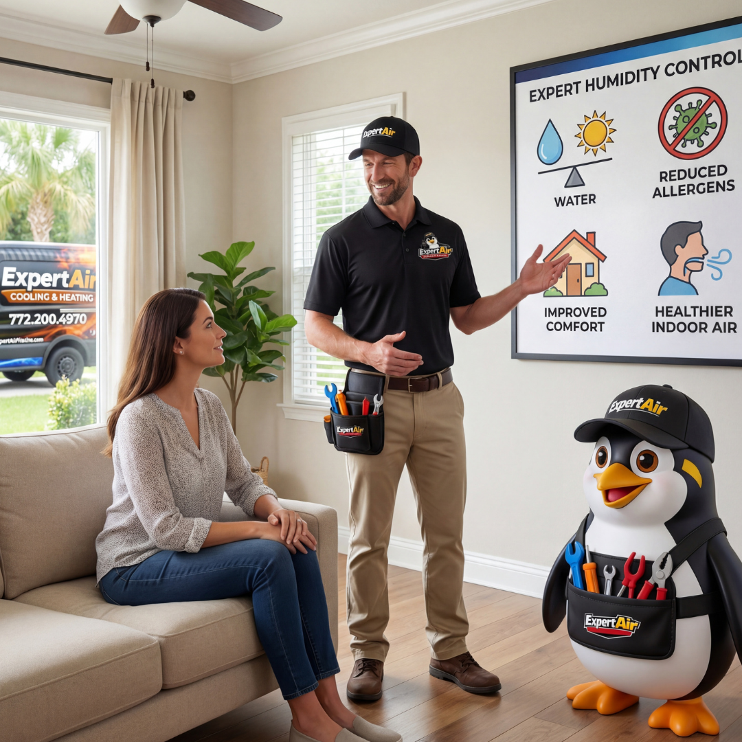 Expert Air Cooling & Heating technician adjusting a whole-home humidity control system to optimize indoor comfort and air quality.