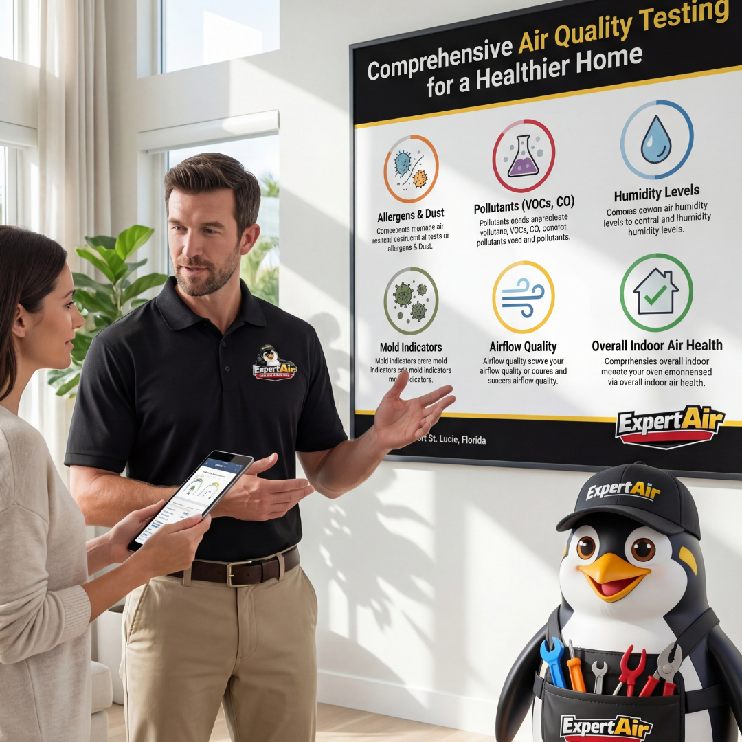 Expert Air Cooling & Heating technician performing comprehensive indoor air quality testing in a residential home to identify airborne pollutants and comfort issues.