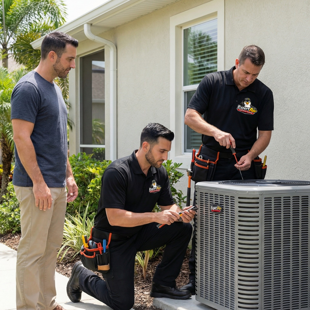 Expert Air Cooling & Heating technicians performing air conditioning repair and installation at a residential home with homeowner in Port St. Lucie.