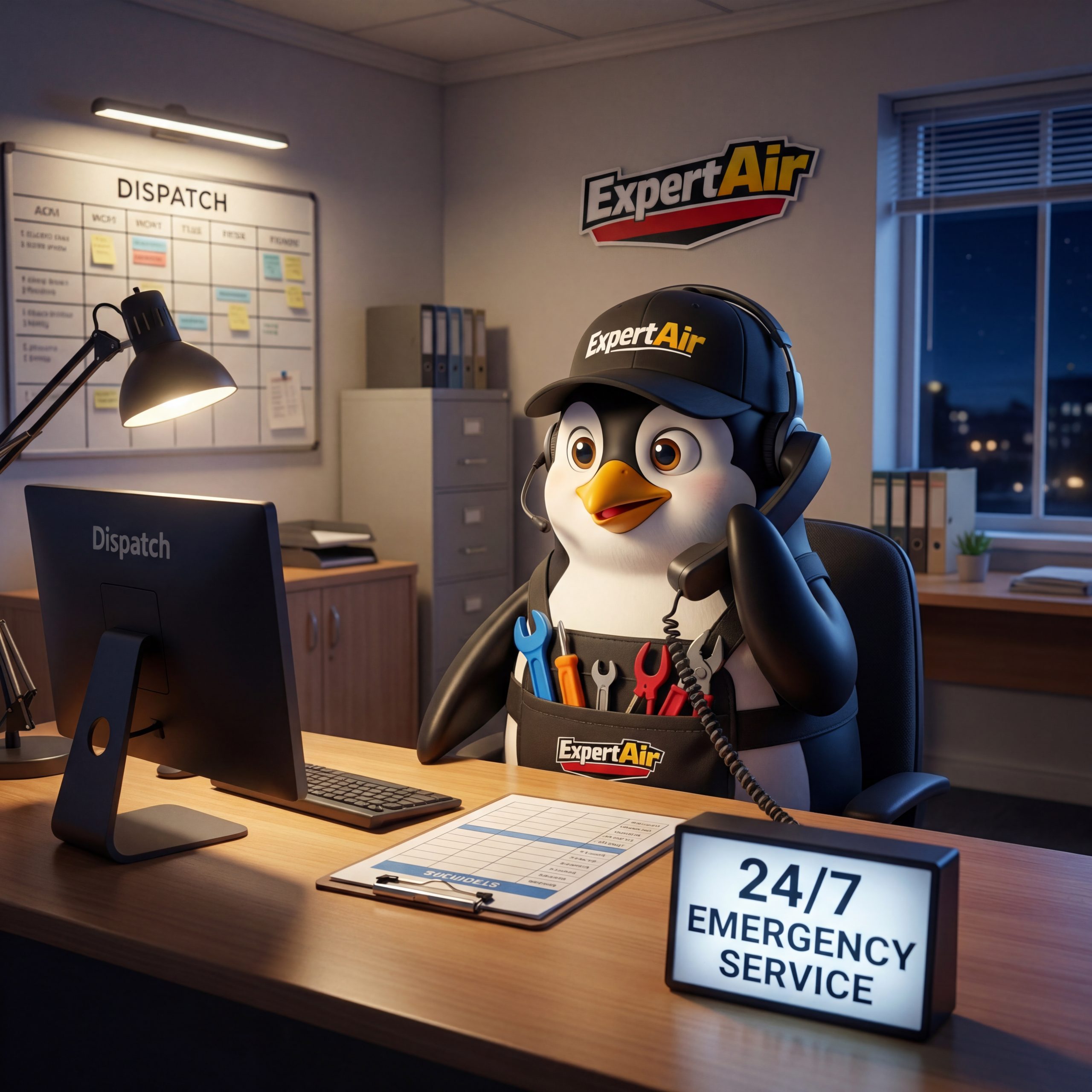 Expert Air Cooling & Heating emergency dispatch support mascot wearing a headset at a service desk, representing 24/7 emergency air conditioning support.