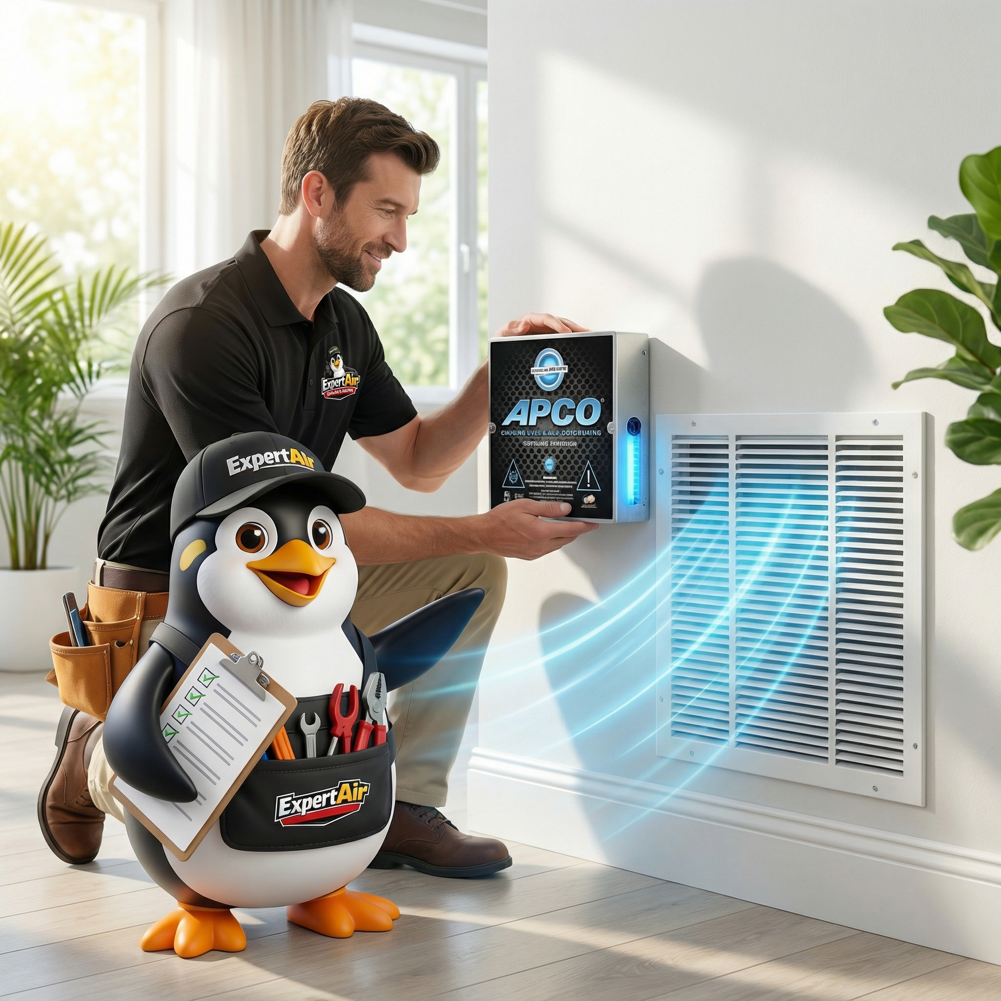 Expert Air Cooling & Heating technician installing an indoor air quality purification system inside a home, improving airflow and air cleanliness in Port St. Lucie.